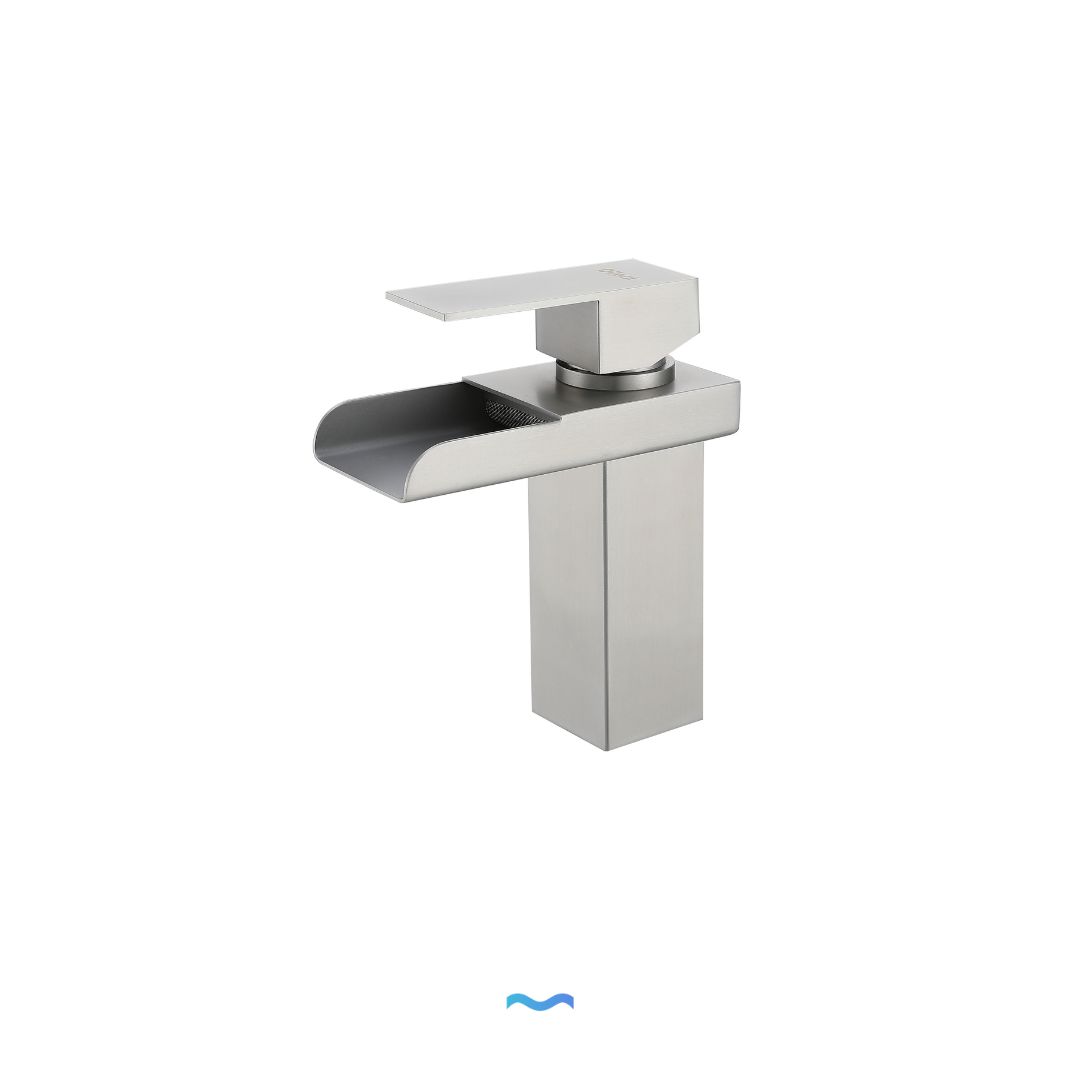Robinet de salle de bain cascade en nickel brossé : robinet d'évier moderne à poignée unique avec un design élégant et contemporain.