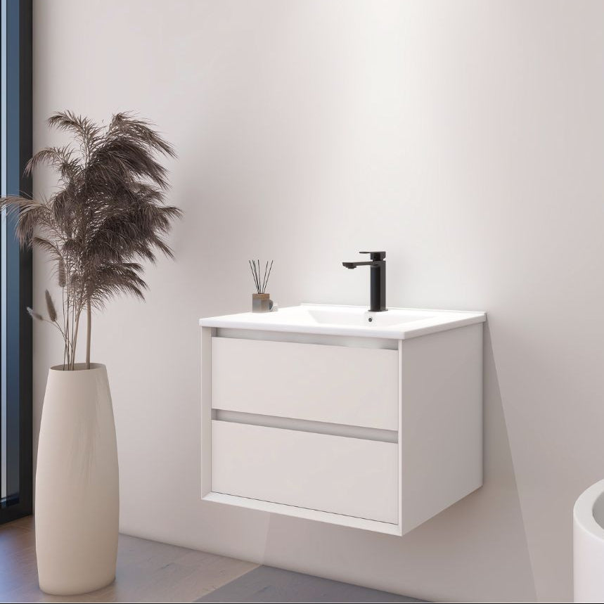 Meuble de salle de bain mural blanc de 60 cm avec lavabo intégré et deux tiroirs