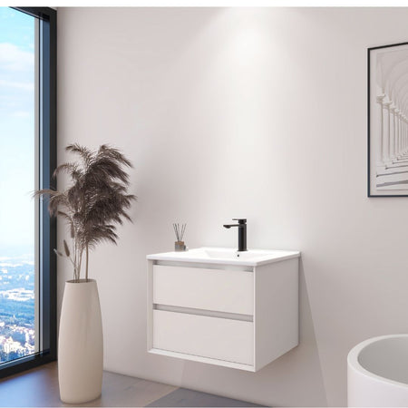 Meuble de salle de bain mural blanc de 60 cm avec lavabo intégré et deux tiroirs