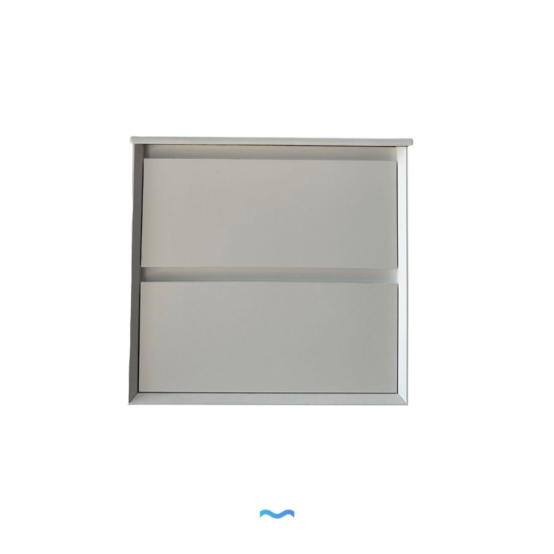 Meuble sous-vasque mural blanc 60 cm : Meuble sous-vasque flottant à deux tiroirs avec vasque intégrée.