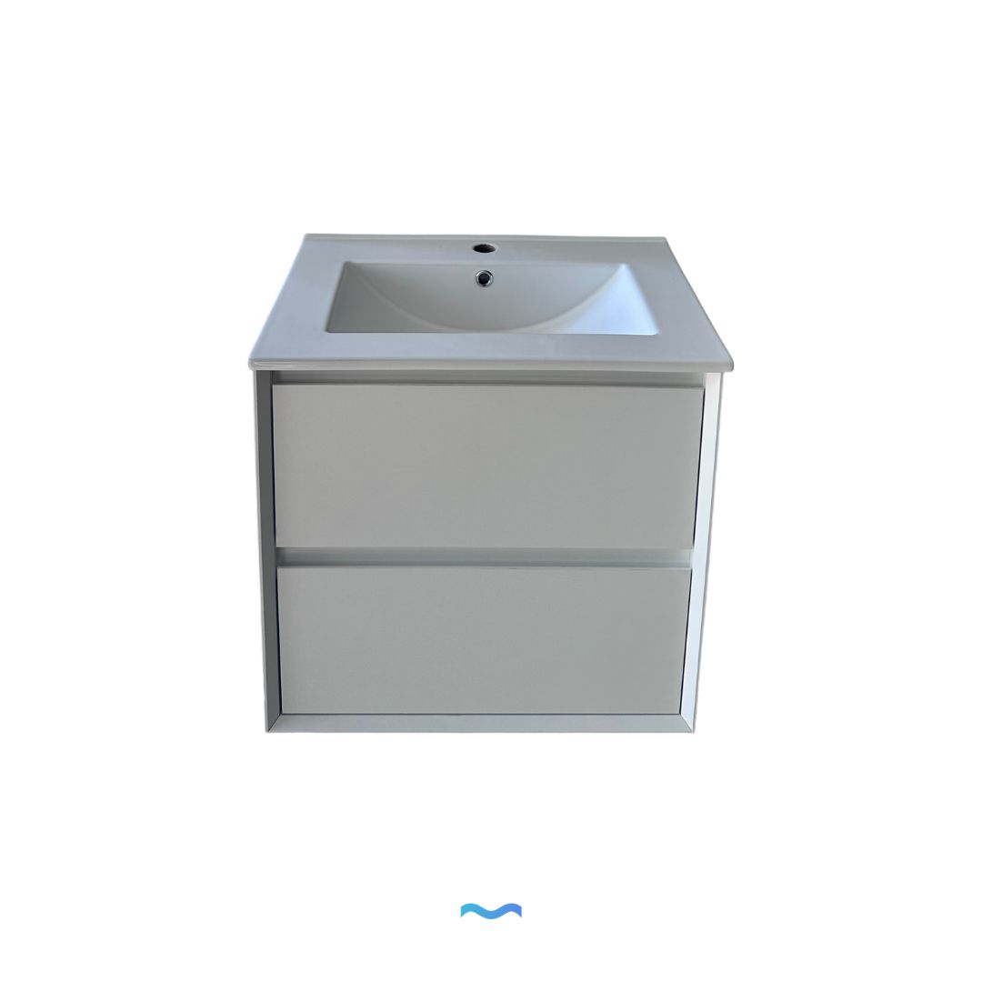 Meuble-lavabo mural blanc de 60 cm : meuble-lavabo à deux tiroirs avec lavabo intégré