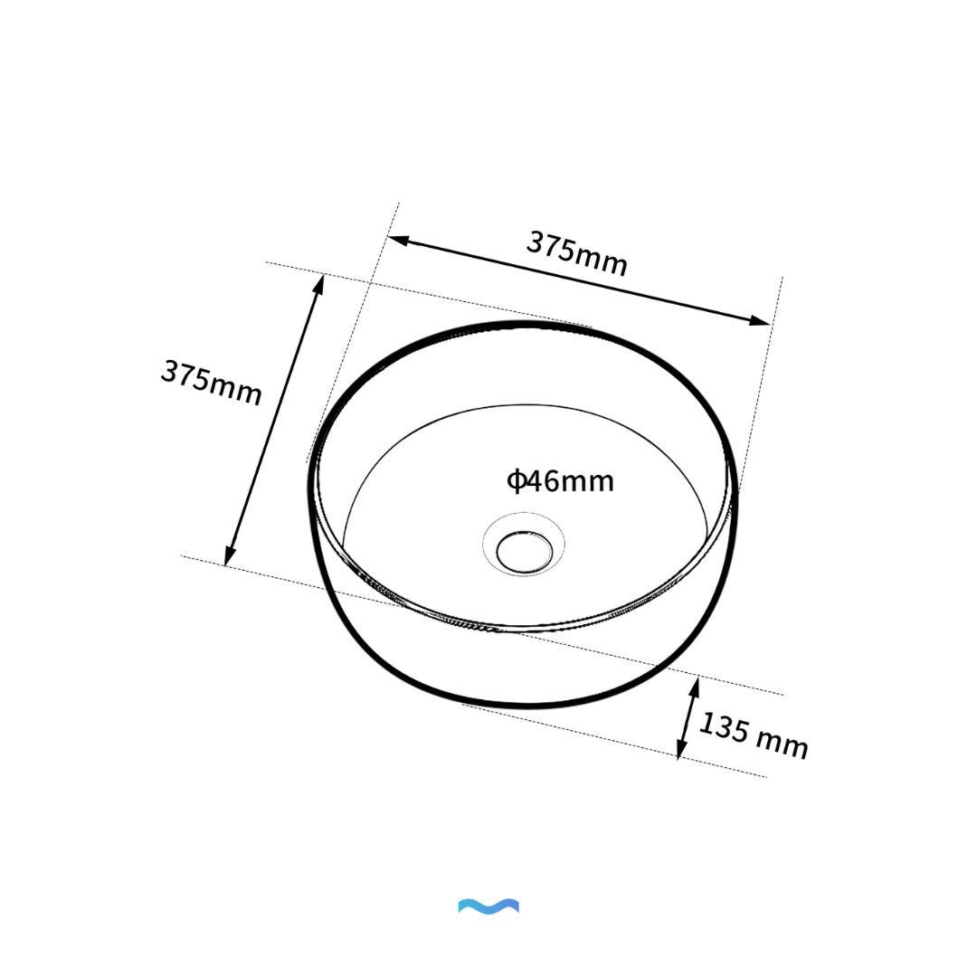 Vasque à poser ronde en céramique noir: 375mm diameter round black ceramic vessel sink, 135mm height, 46mm drain