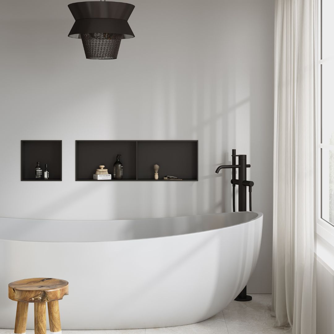 Niche de douche carrée noire mate, 30x30x12cm, idéale pour le rangement de la salle de bain