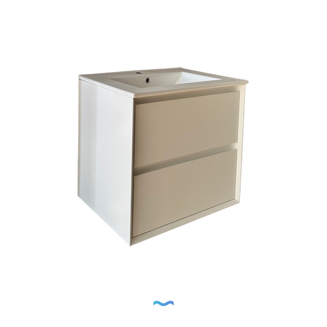 Meuble-lavabo mural blanc de 60 cm avec lavabo intégré et deux tiroirs