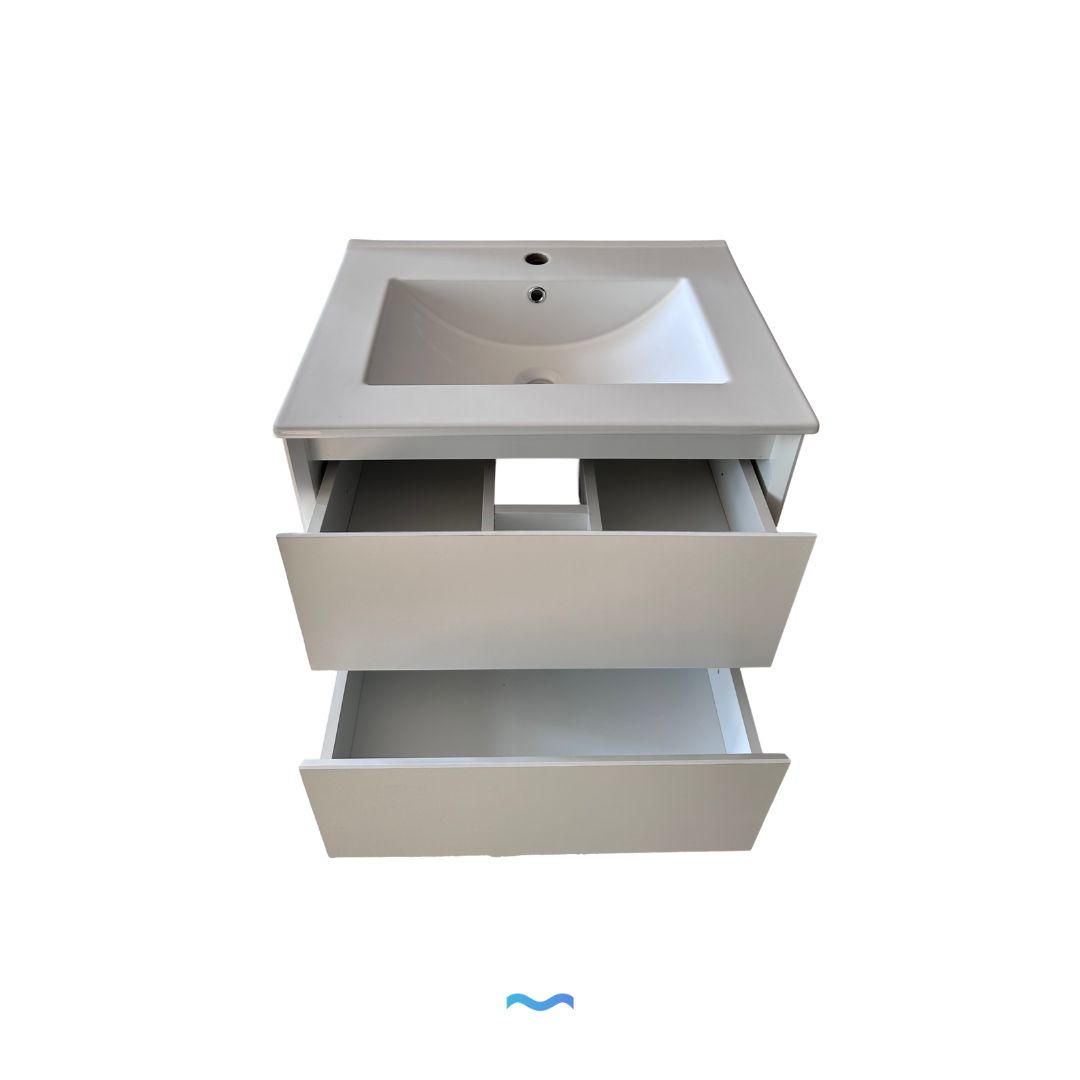 Meuble de salle de bain mural blanc de 60 cm avec lavabo intégré et deux tiroirs