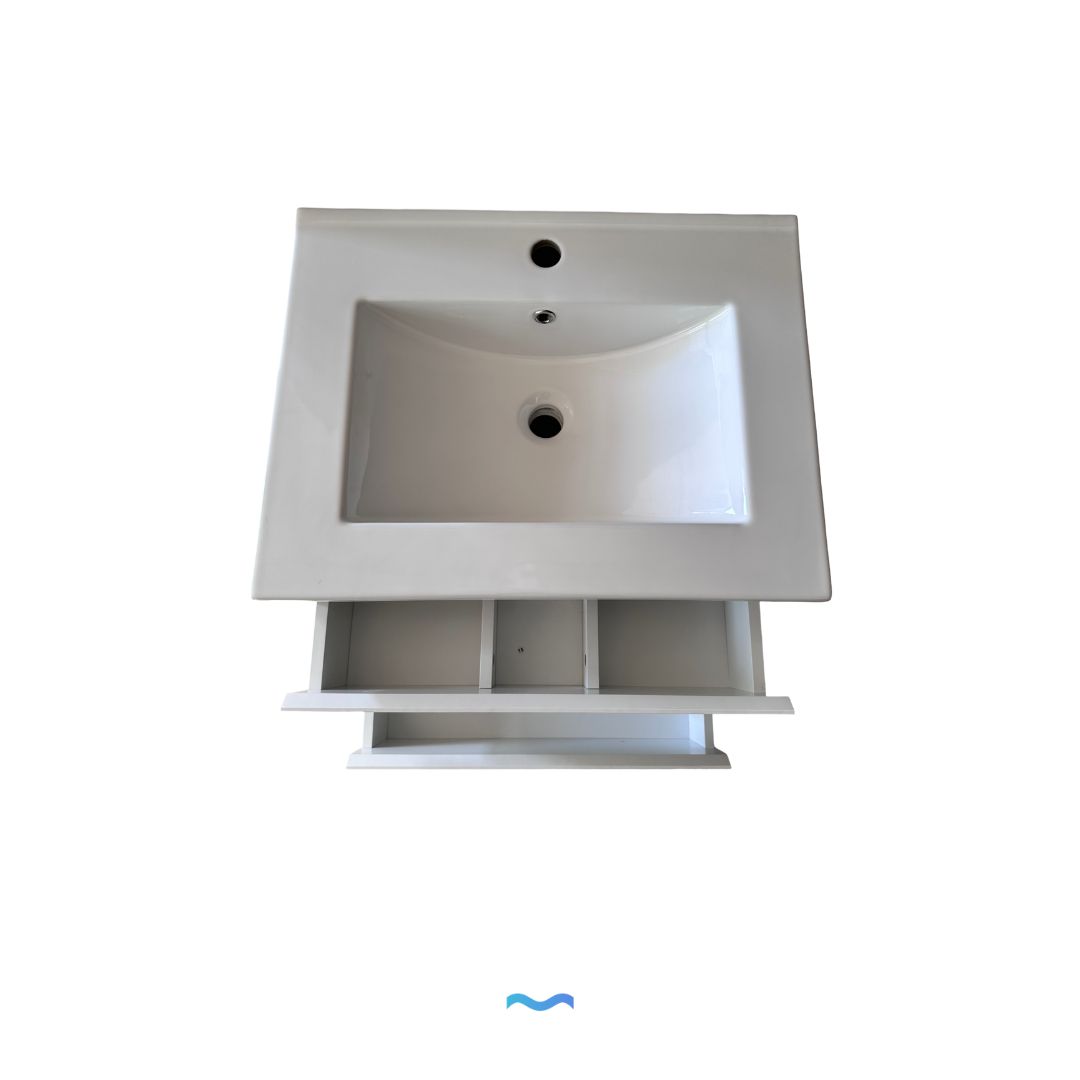 Meuble de salle de bain mural blanc de 60 cm avec lavabo intégré et deux tiroirs