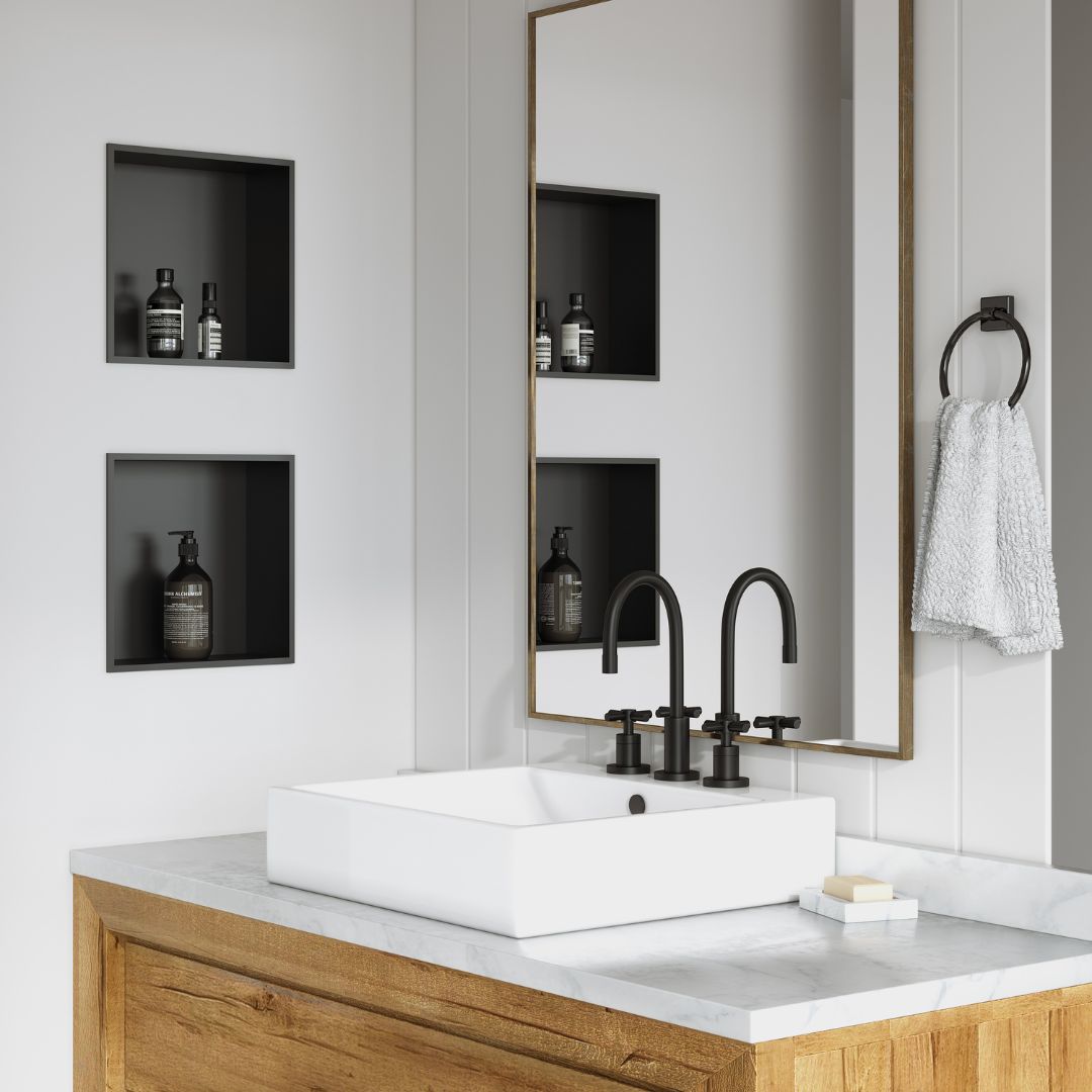 Niche de douche carrée noire mate, 30x30x12cm, ajoute un rangement moderne à la salle de bain