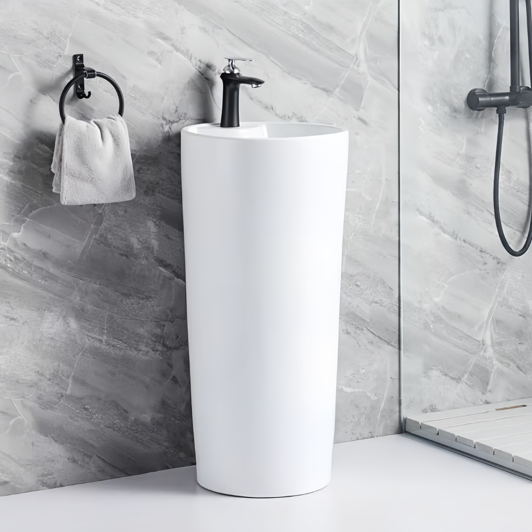 Lavabo Totem Design Arrondi et Épuré Blanc