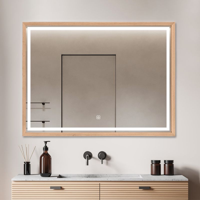 Miroir mural LED avec cadre bois: Élégant miroir de salle de bain avec éclairage LED intégré et cadre en bois.