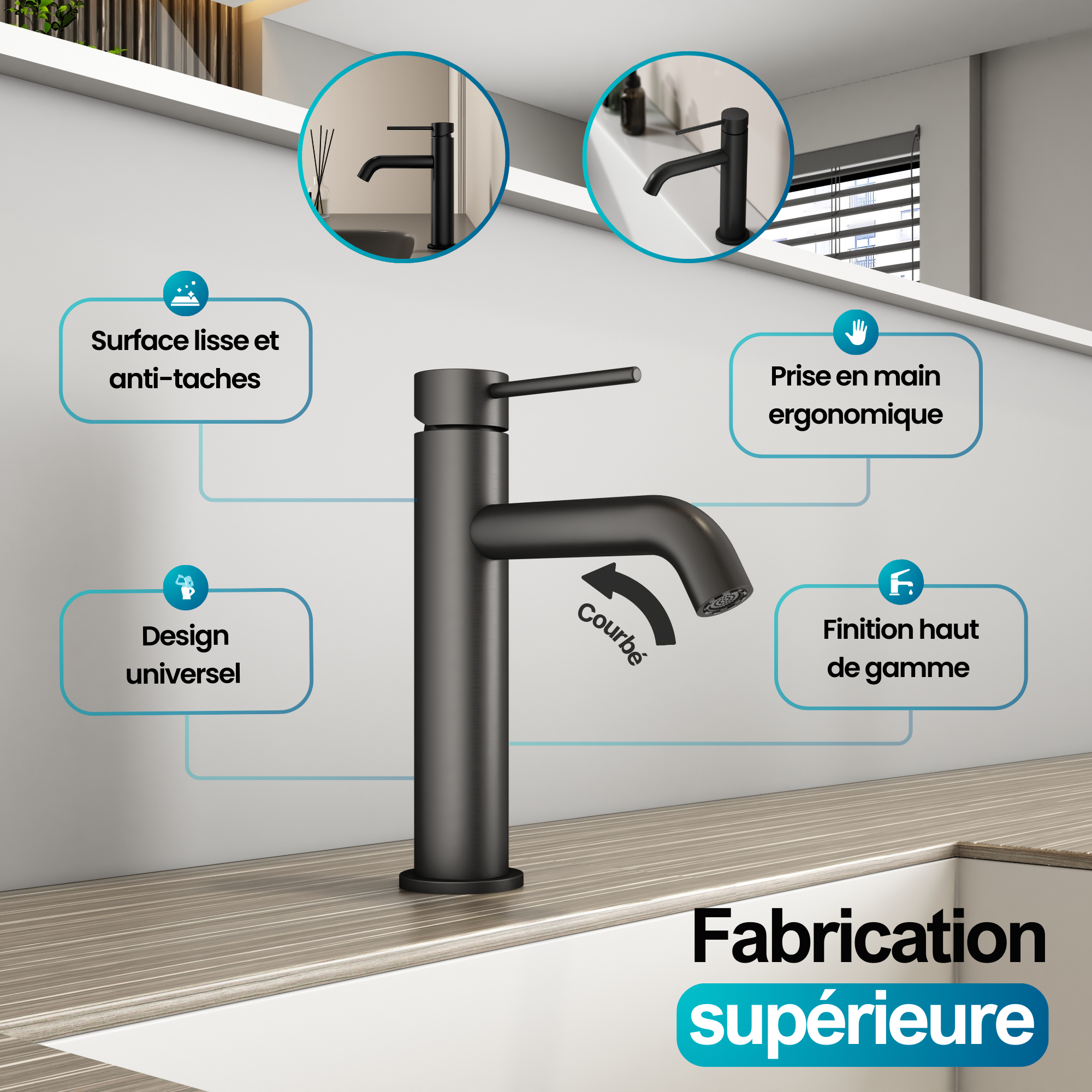 Robinet à bec moyen pour salle de bain noir mat: robinet de salle de bain élégant et moderne au fini noir mat, design ergonomique et fabrication haut de gamme.