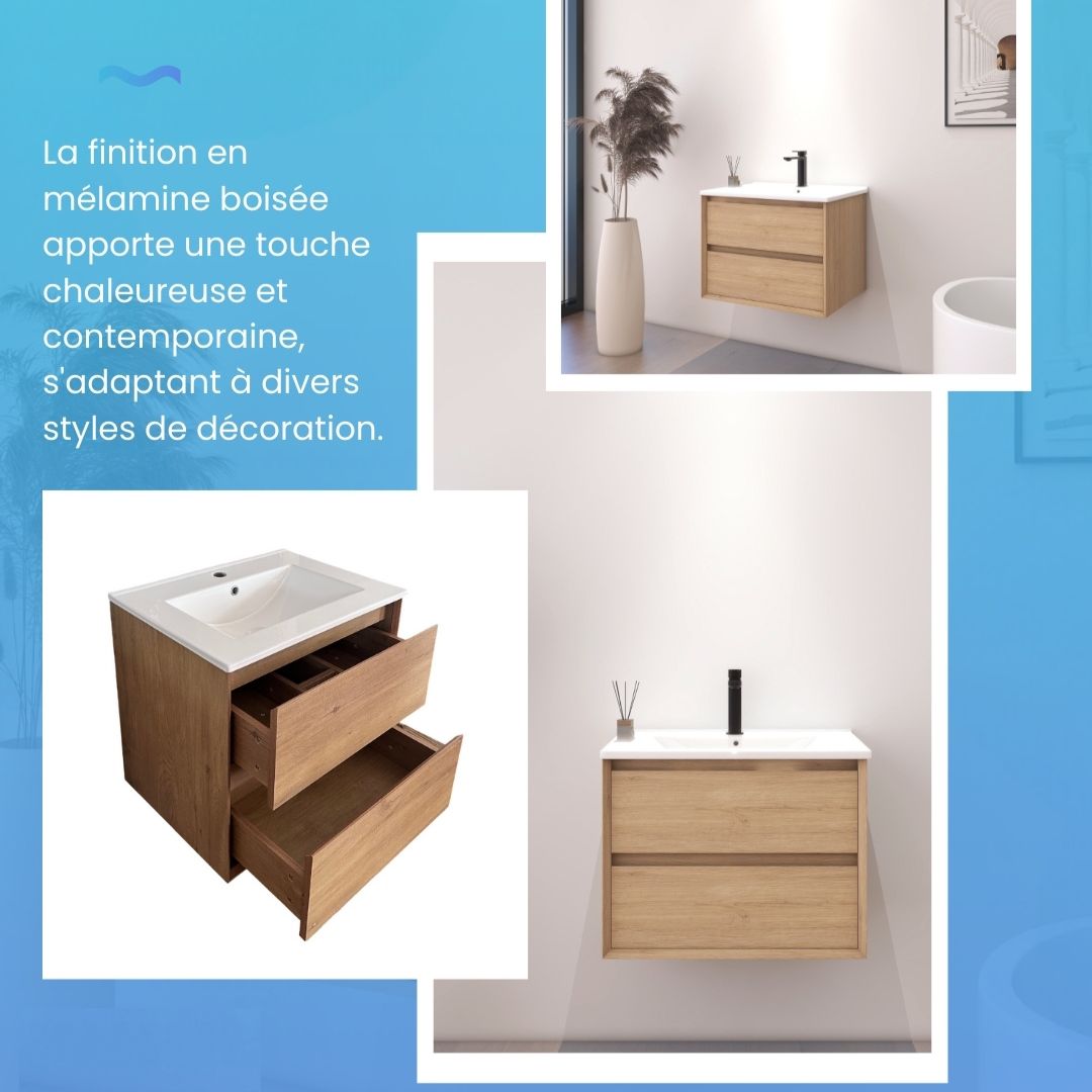 Meuble suspendu effet bois clair 60 cm avec deux tiroirs et vasque moderne
