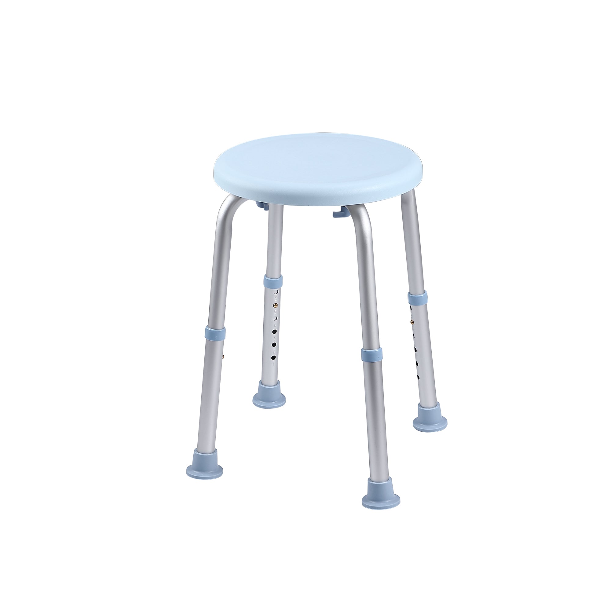 Tabouret de douche réglable avec siège en plastique bleu clair et pieds en aluminium, idéal pour plus de sécurité et de confort pendant la douche.