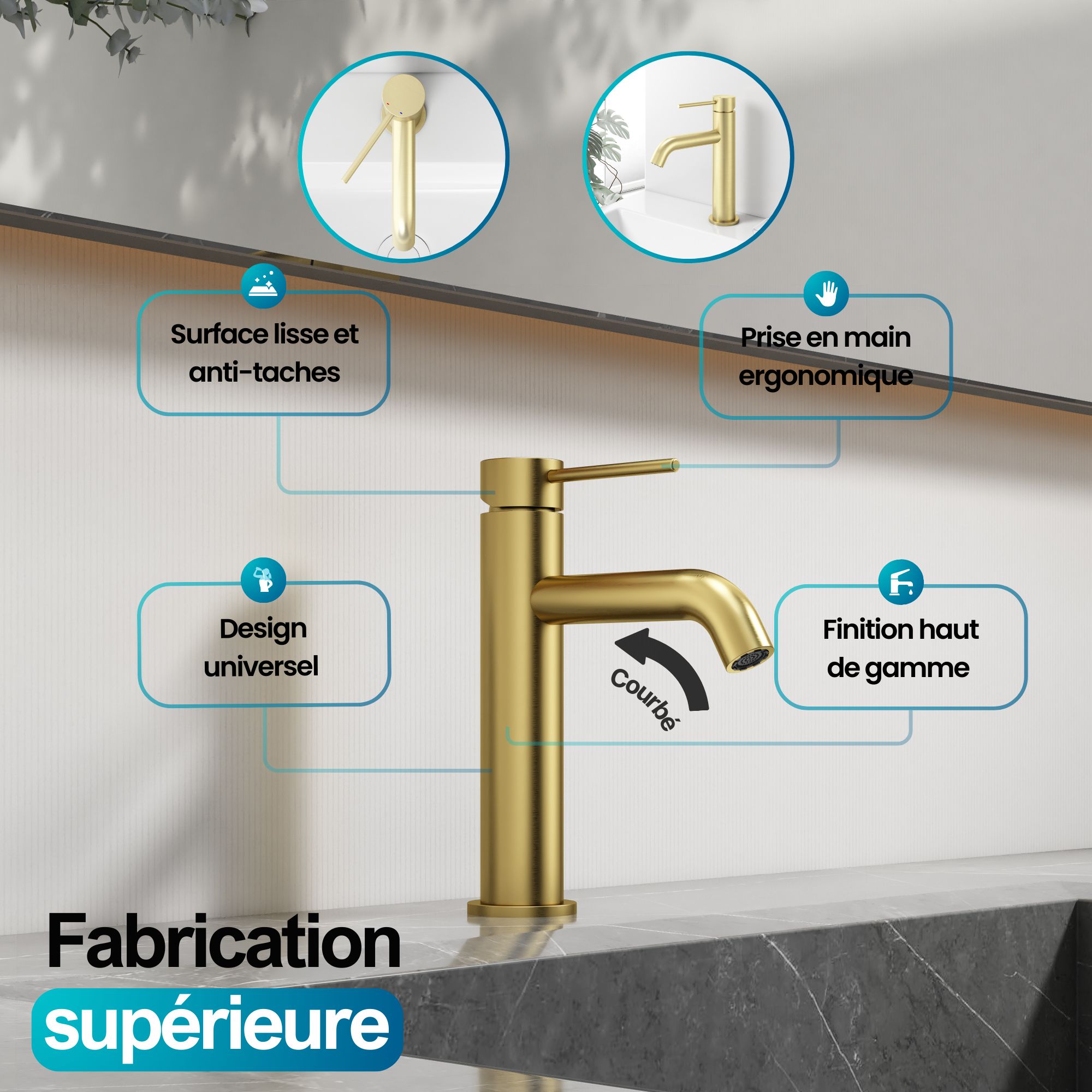 Robinet à bec moyen pour salle de bain couleur or: robinet élégant en or, design moderne, finition haut de gamme, prise en main ergonomique.