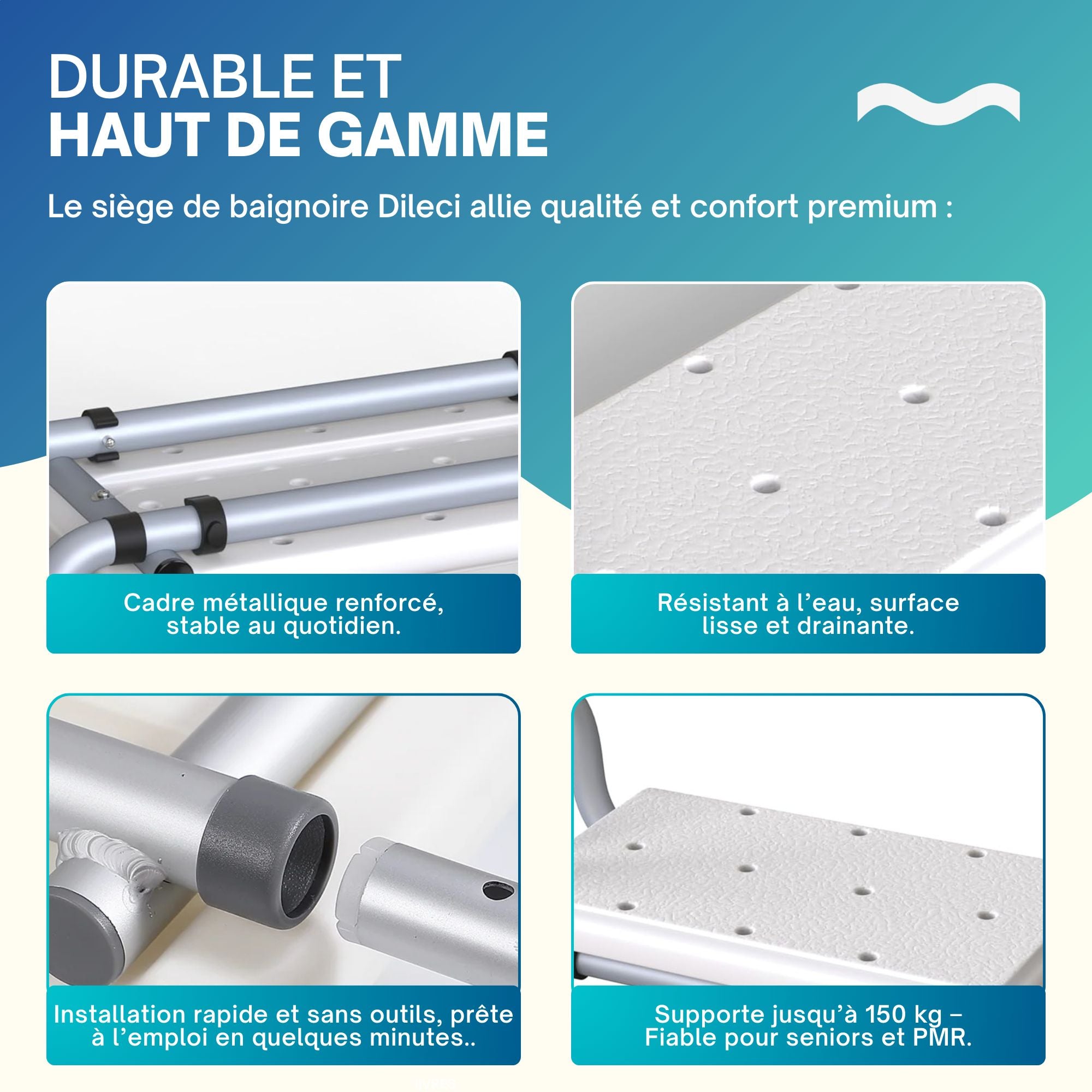 Siège de baignoire PMR : structure métallique robuste et renforcée, surface résistante à l'eau, montage facile sans outils. Supporte jusqu'à 150 kg.