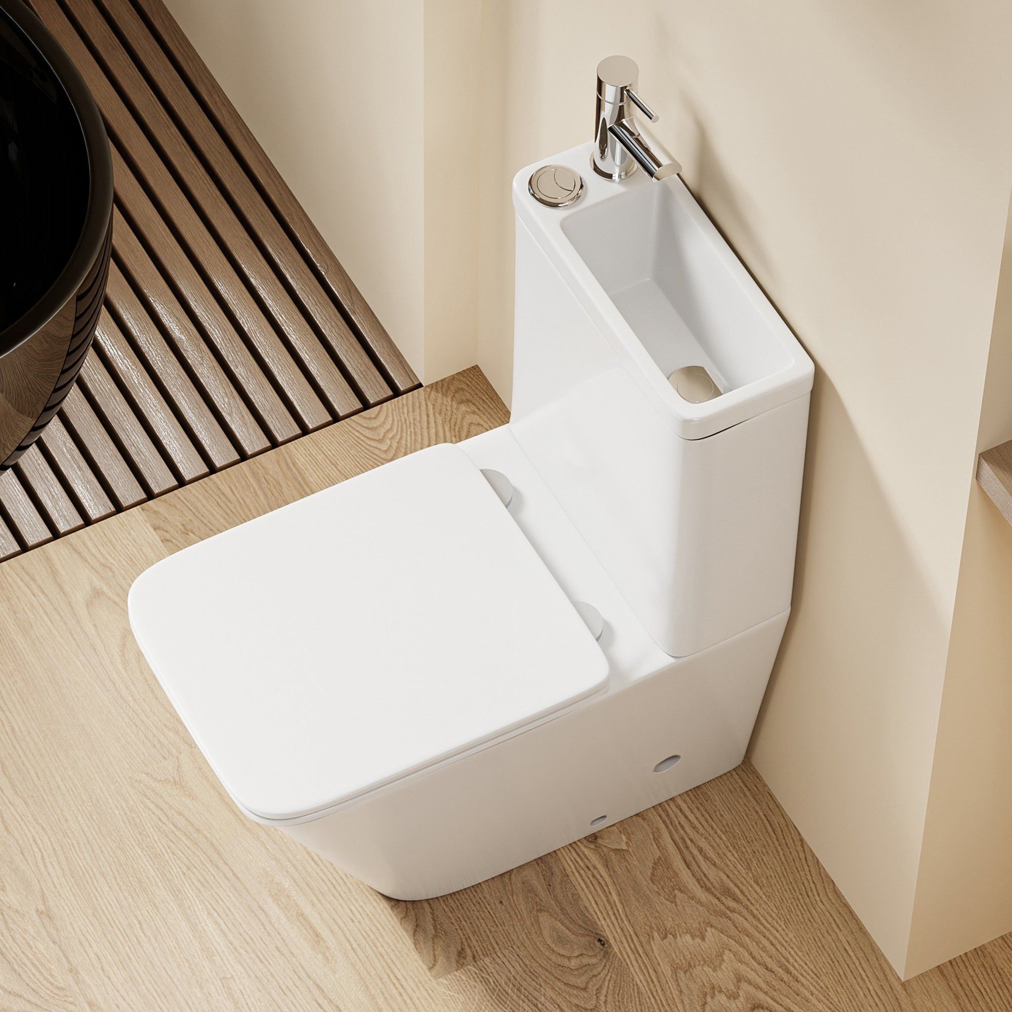 WC 2 en 1 Blanc - Design carré : WC blanc peu encombrant avec lavabo intégré et robinetterie chromée.