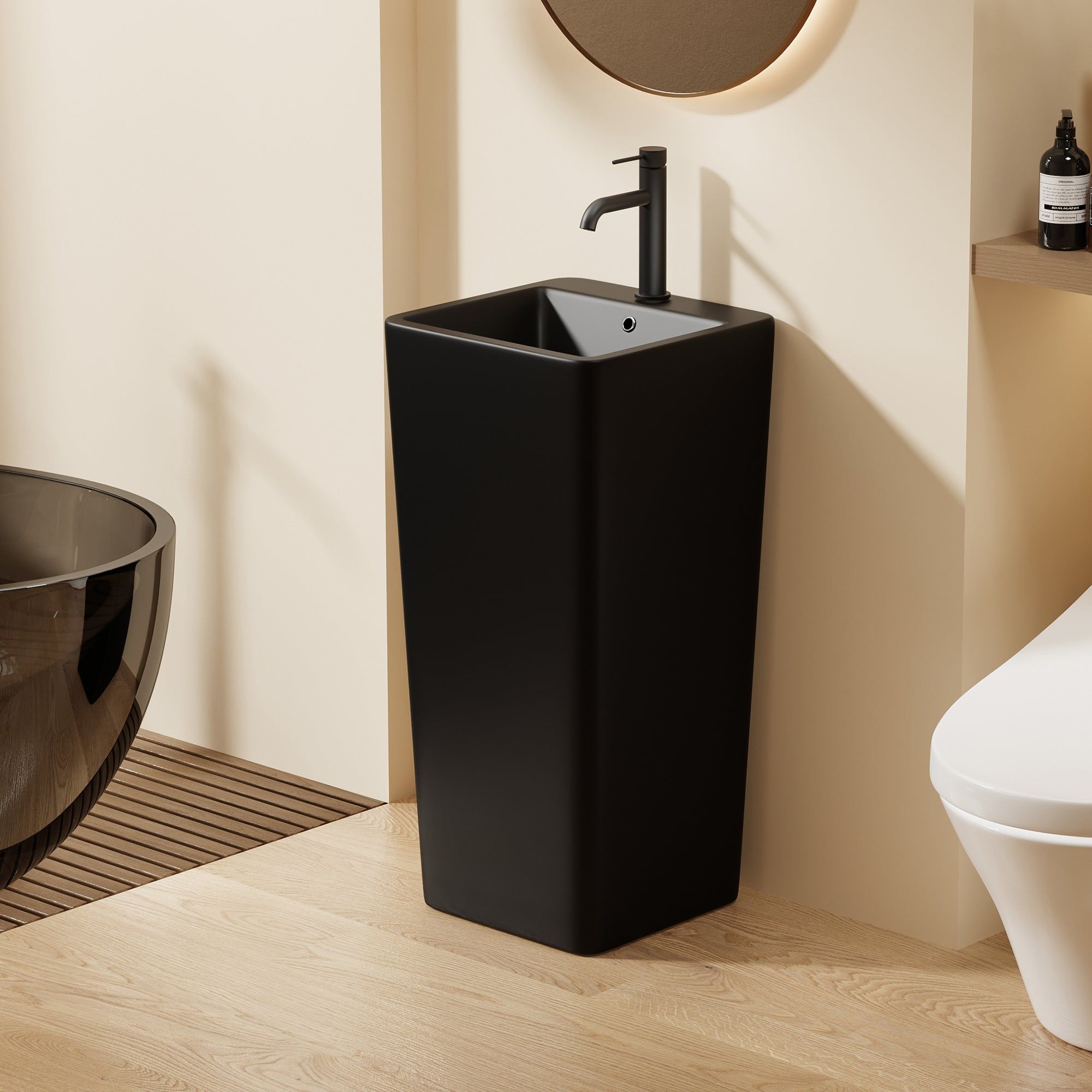 Lavabo Totem noir Carré arrondie : Lavabo de salle de bain moderne noir sur pied avec une vasque carrée et des coins arrondis.