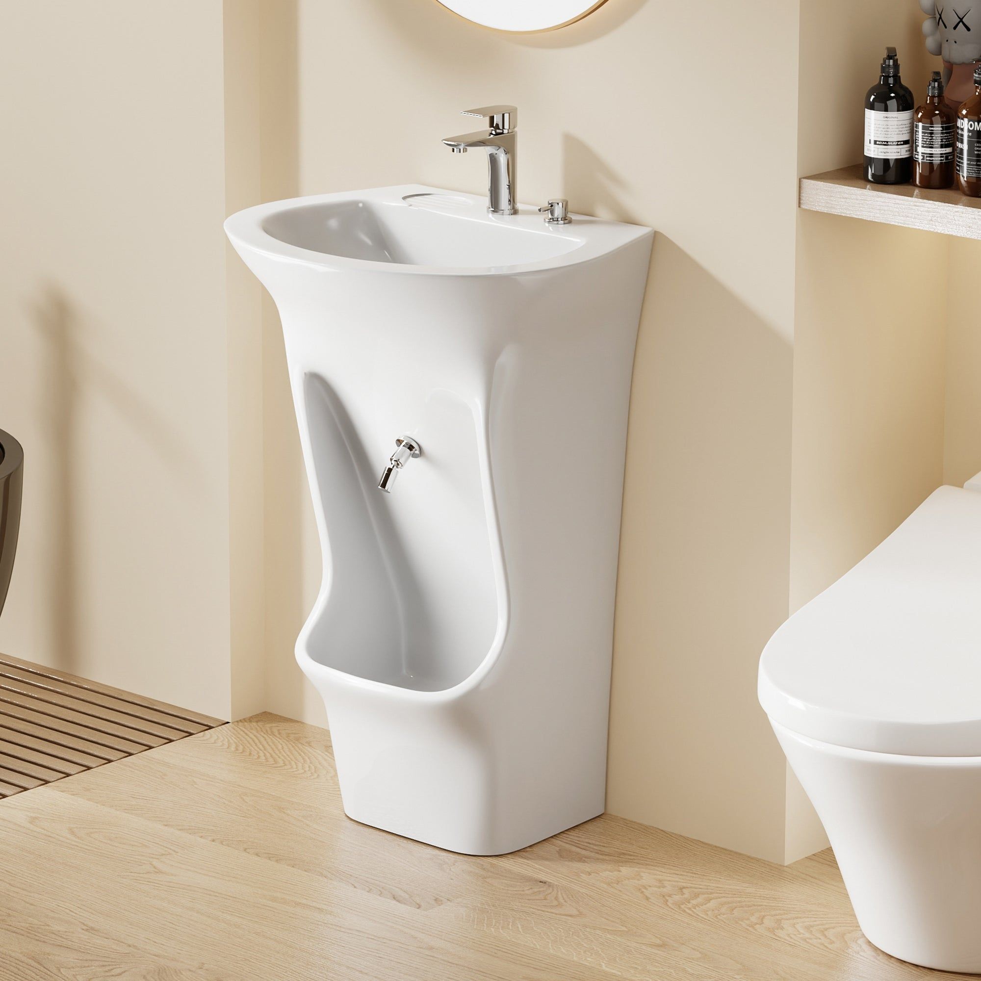 Lavabo d'ablutions - Bassin Lavage des pieds Wudu : Lavabo moderne en céramique blanche sur pied avec lave-pieds intégré.