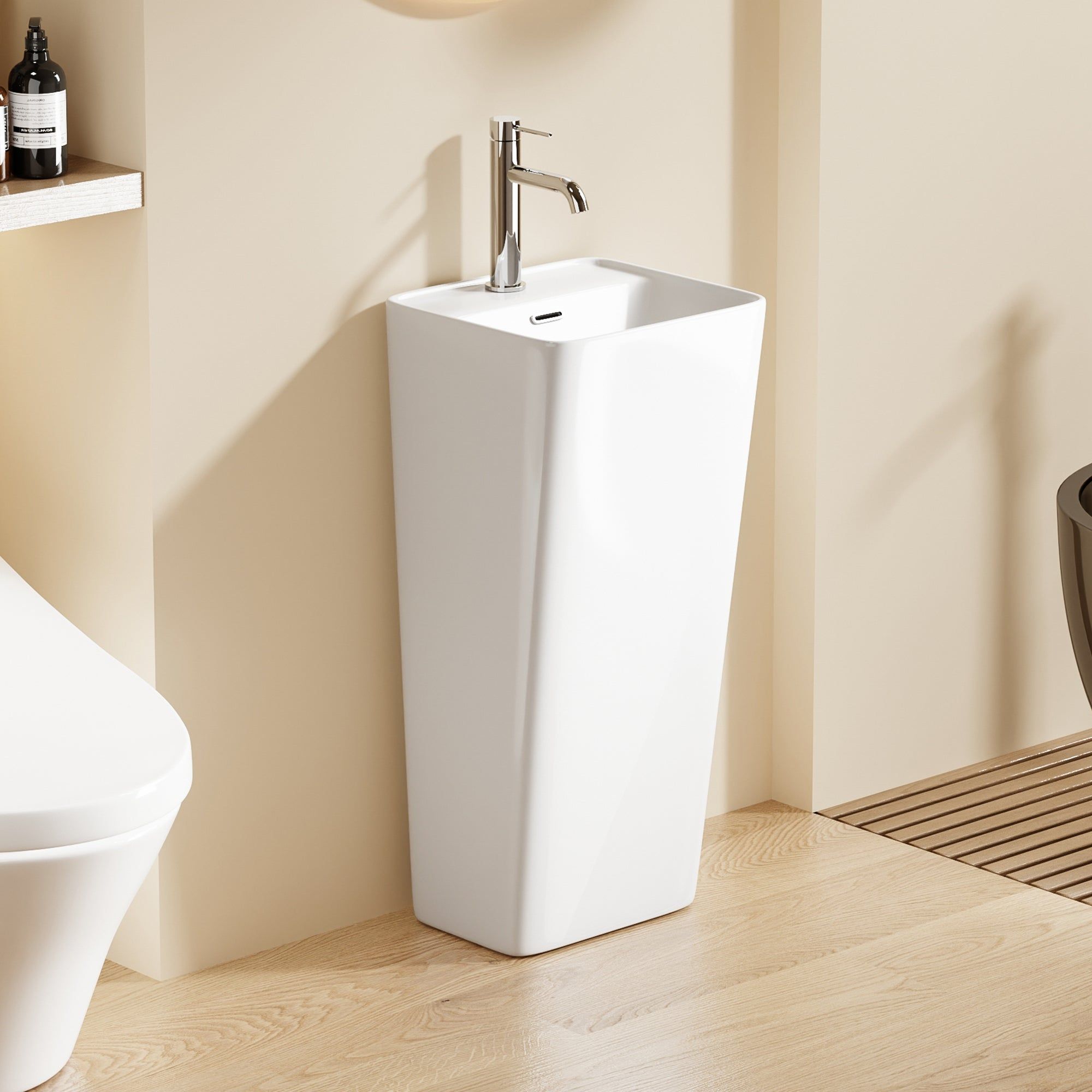 Lavabo Totem Blanc Carré : Lavabo sur pied moderne en céramique blanche avec une vasque carrée et un robinet chromé élégant.