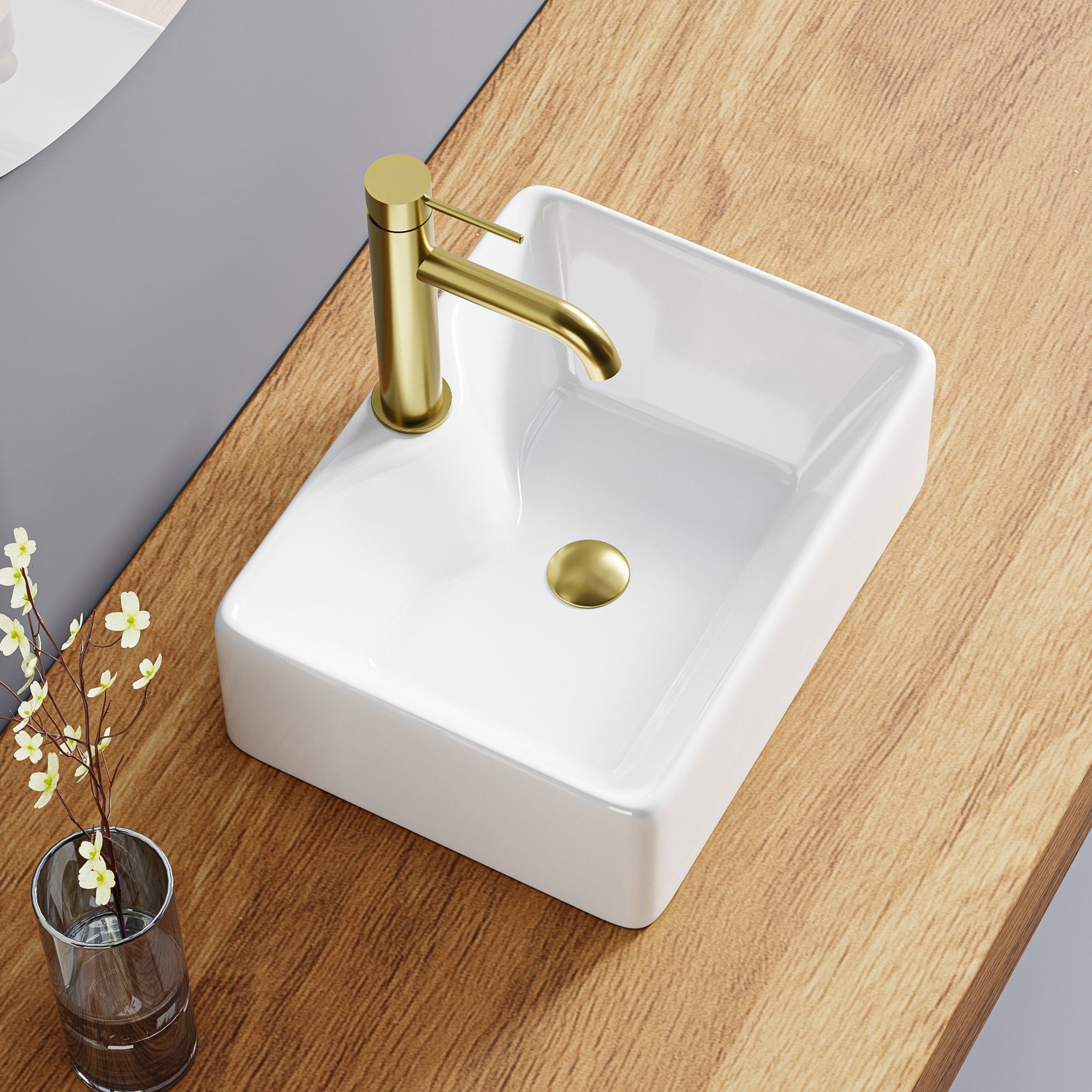 Vasque rectangulaire en céramique blanche (40x30cm) avec robinet et bonde dorés