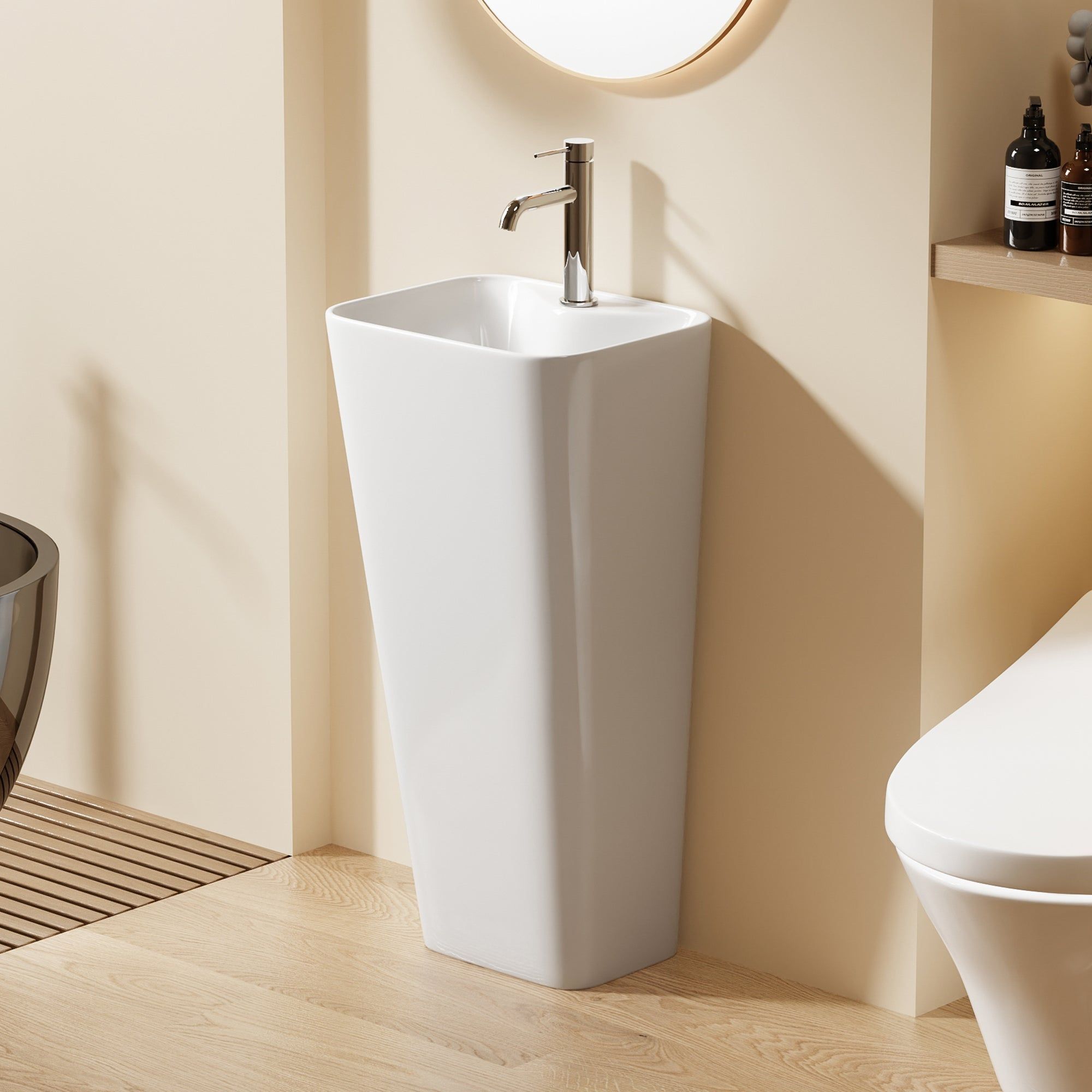 Lavabo Totem Blanc Rectangulaire et Fin : Élégant lavabo sur pied en céramique blanche avec vasque rectangulaire. Design minimaliste moderne.