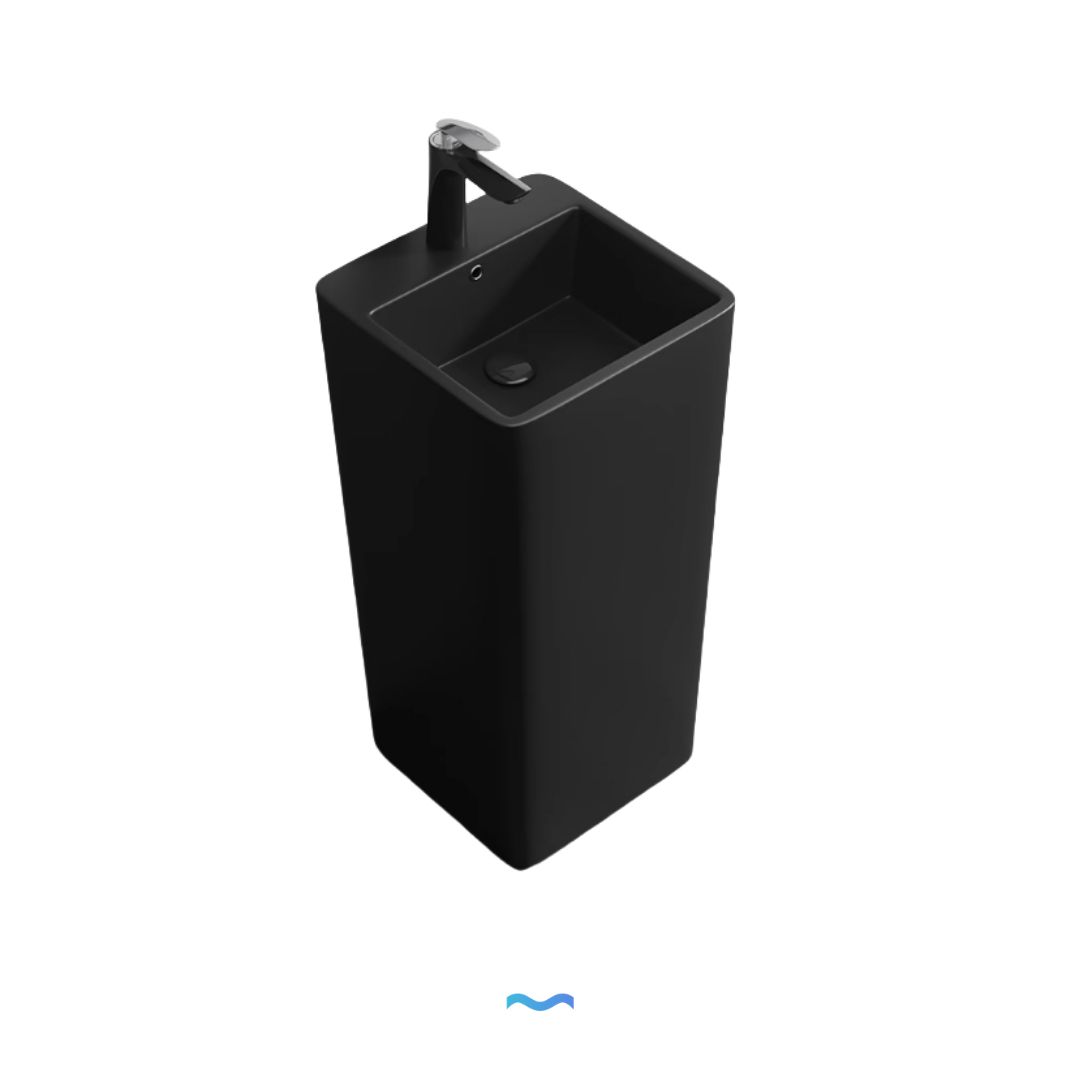 Lavabo Totem noir Carré arrondie: Black square pedestal sink with modern faucet
