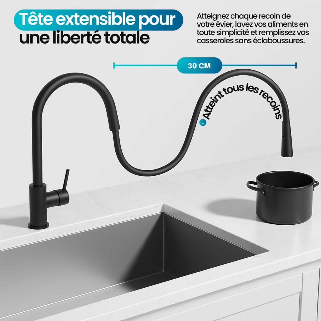 Robinet de cuisine noir mat: mitigeur extensible 30cm, robinet cuisine design, robinet évier