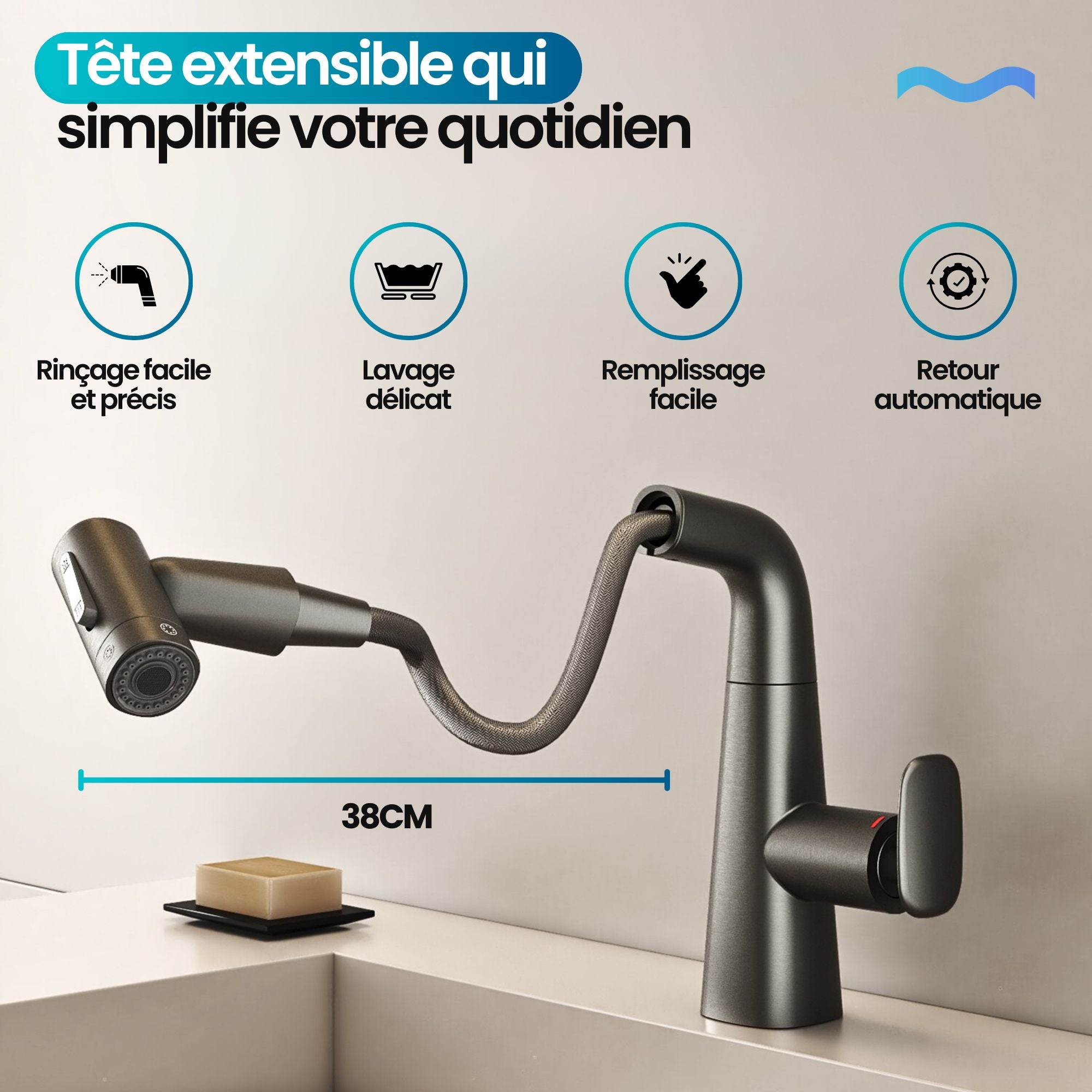 Robinet multifonction salle de bain gris metalisé:  Extensible, tête de douche amovible avec tuyau flexible, rinçage précis et retour automatique.