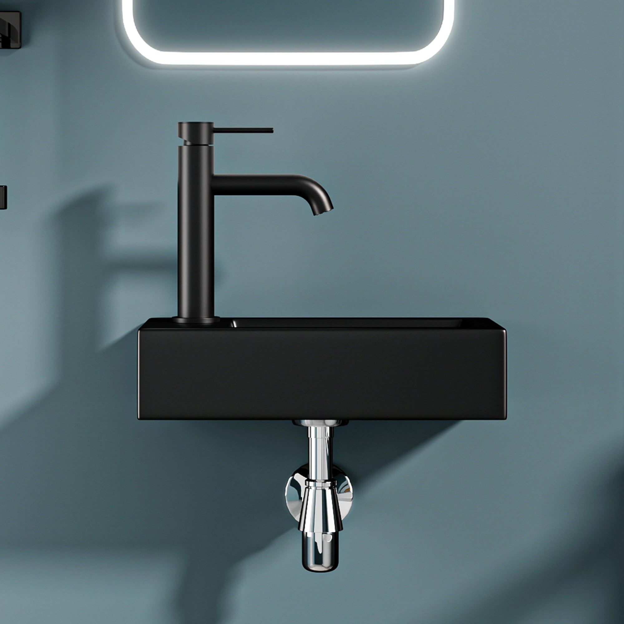 Vasque lave-mains sortie gauche noire mate (36,5x18x9cm)