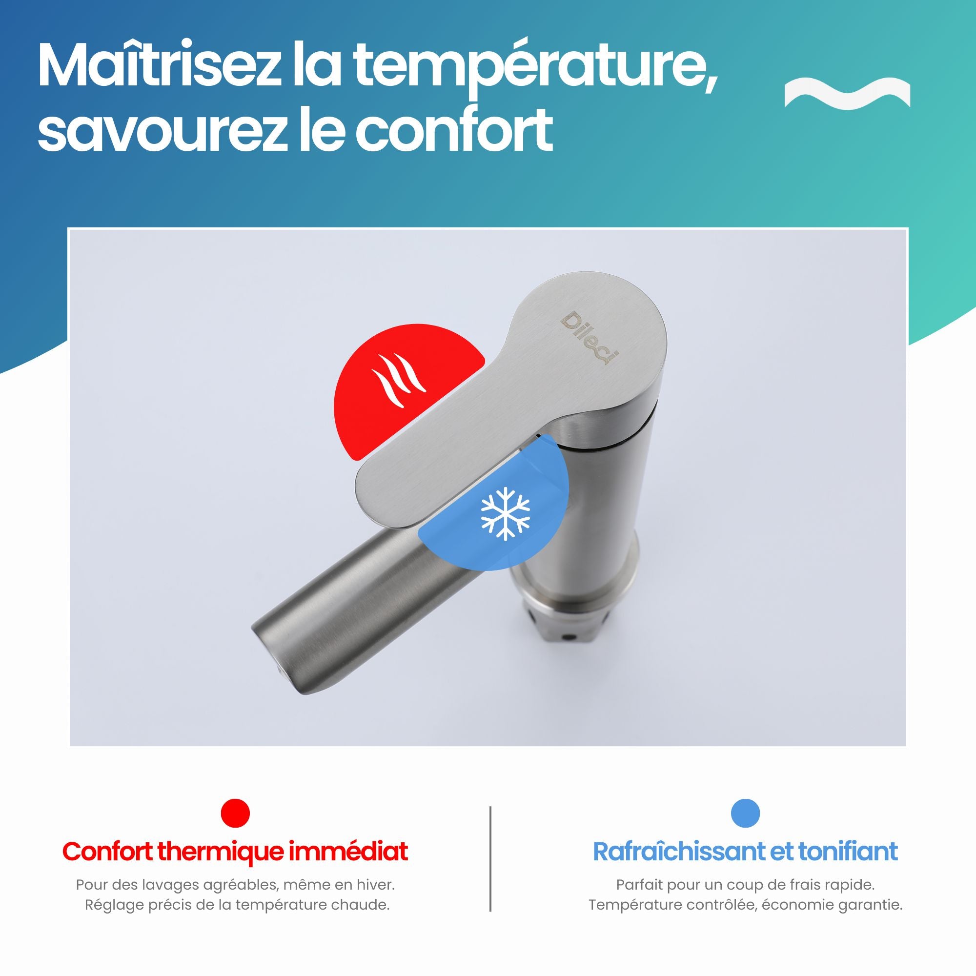 Robinet compact lave-mains couleur chrome : Robinet élégant avec finition chromée, idéal pour les petits éviers, offrant un contrôle précis de la température pour un lavage des mains confortable.