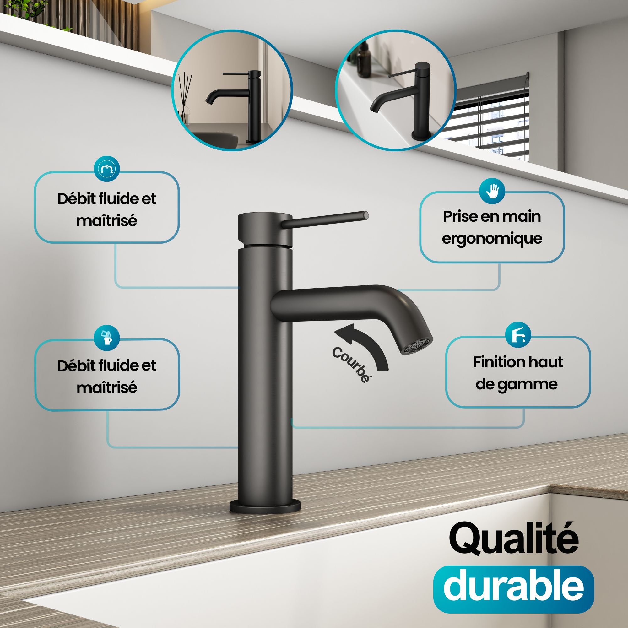 Robinet à bec pour salle de bain couleur gris metallisé: élégant robinet noir mat, design moderne, débit fluide, prise en main ergonomique.