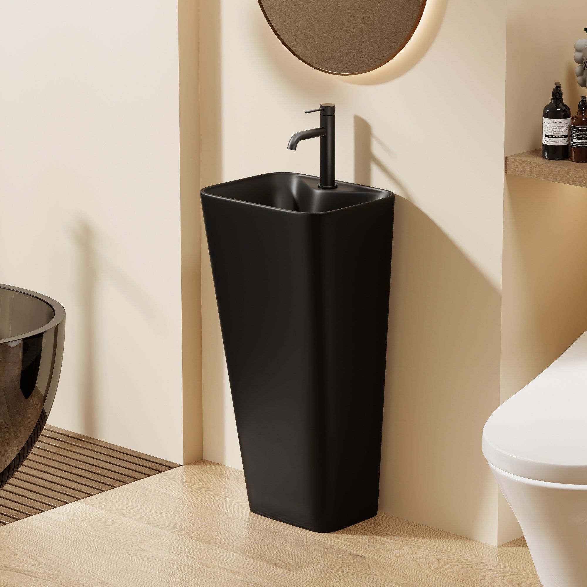 Lavabo Totem Noir Rectangulaire et Fin: Sleek black rectangular pedestal sink, modern bathroom design.