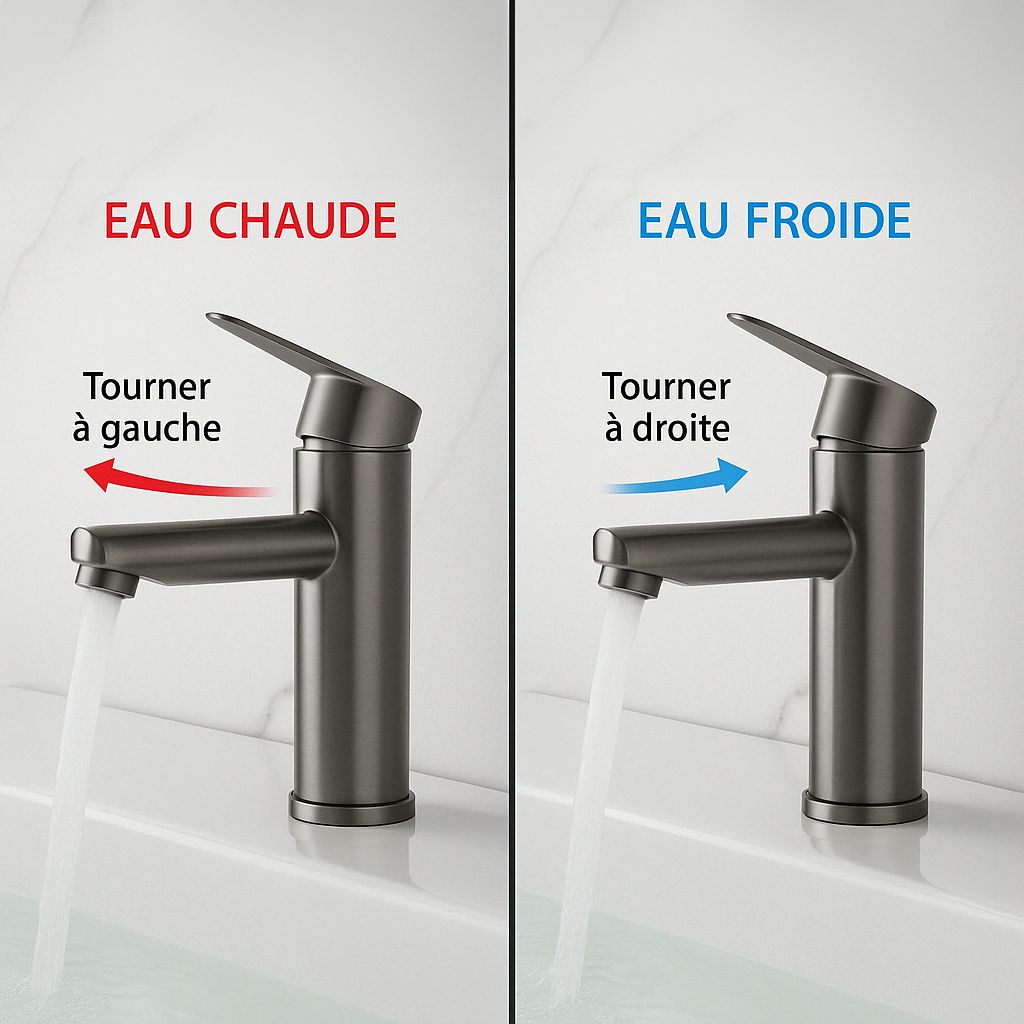 Robinet compact gris métallisé pour salle de bain: Installation facile, eau chaude à gauche, eau froide à droite.