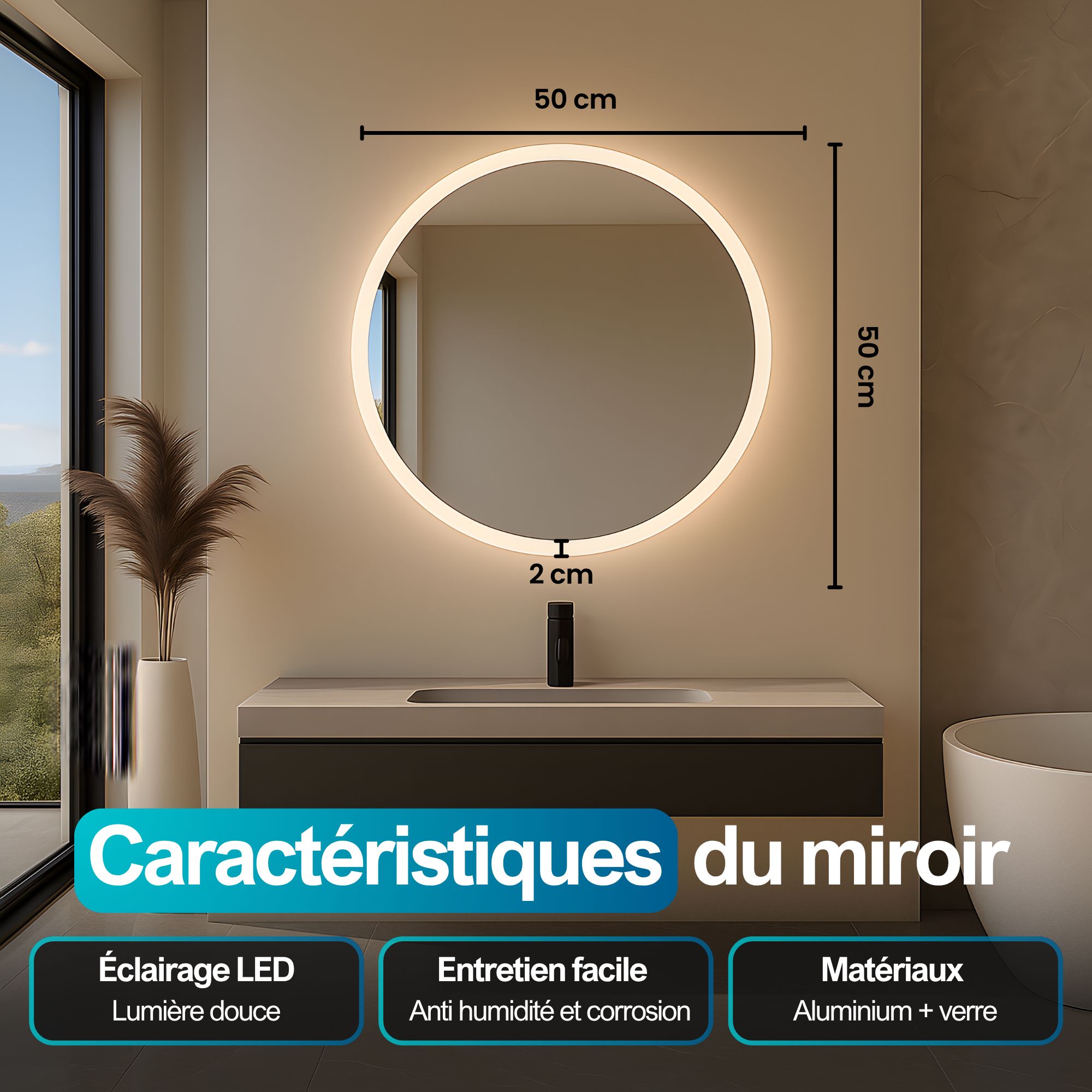 Miroir LED rond ⌀50cm: Élégant miroir de salle de bain rond avec éclairage LED intégré, contour givré, 50cm de diamètre.