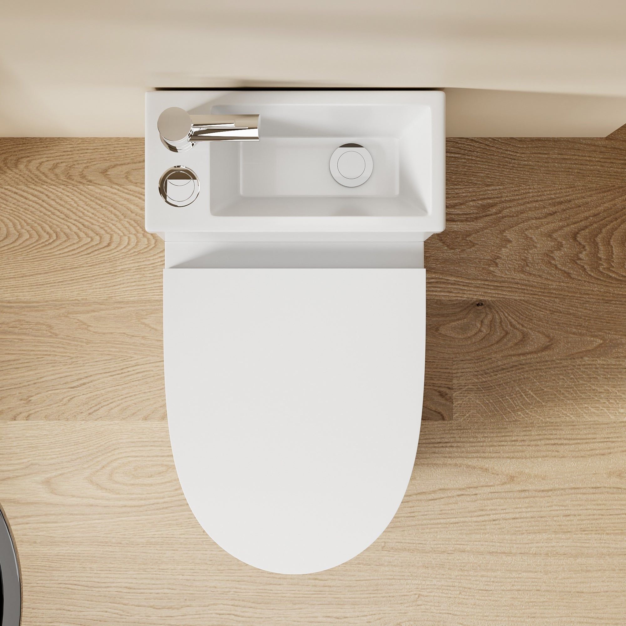 WC 2 en 1 Blanc : WC suspendu blanc peu encombrant avec lavabo intégré, design arrondi.