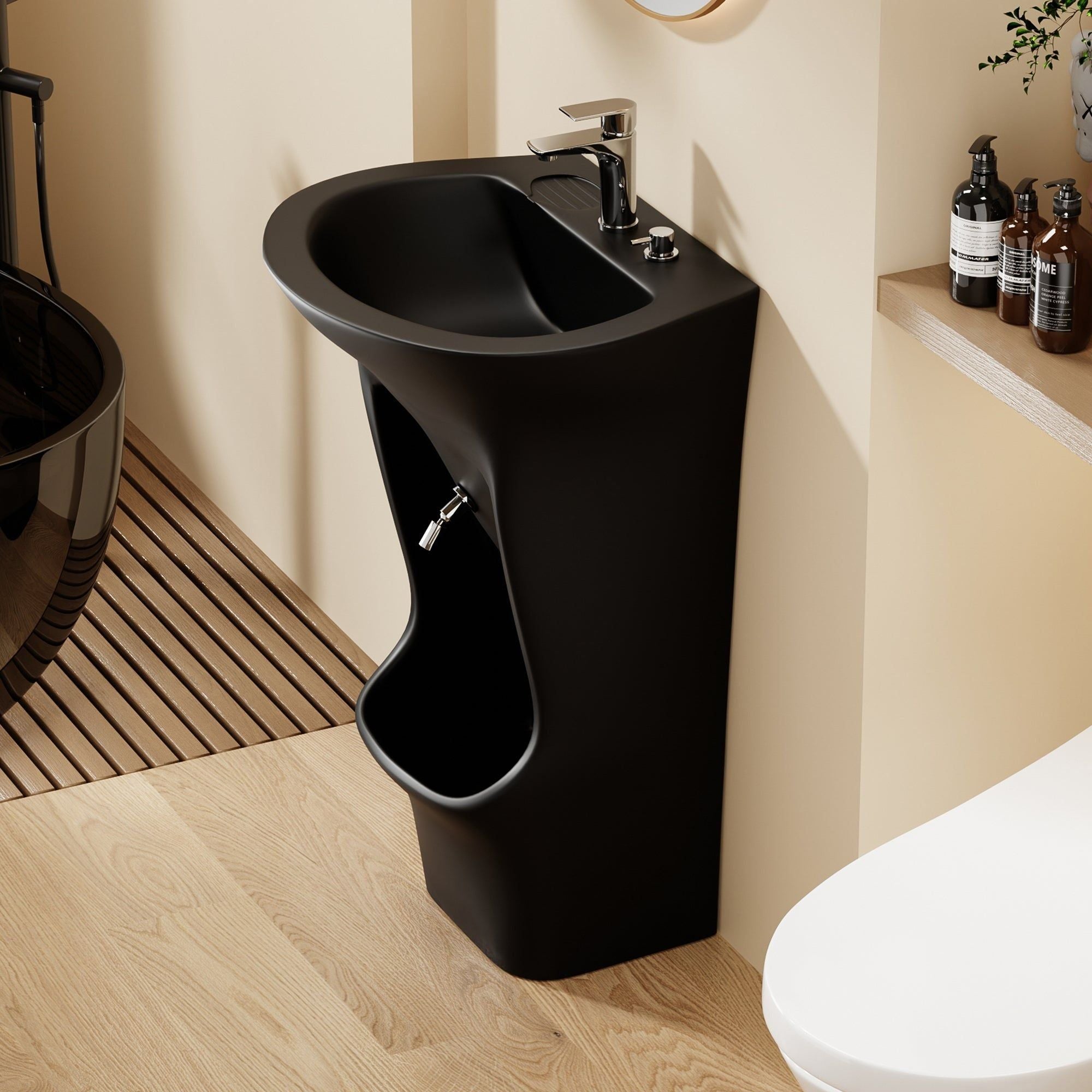 Lavabo sur pied noir avec rangement intégré, idéal pour les salles de bains modernes. Lavabo d'ablutions - Bassin Lavage des pieds Wudu