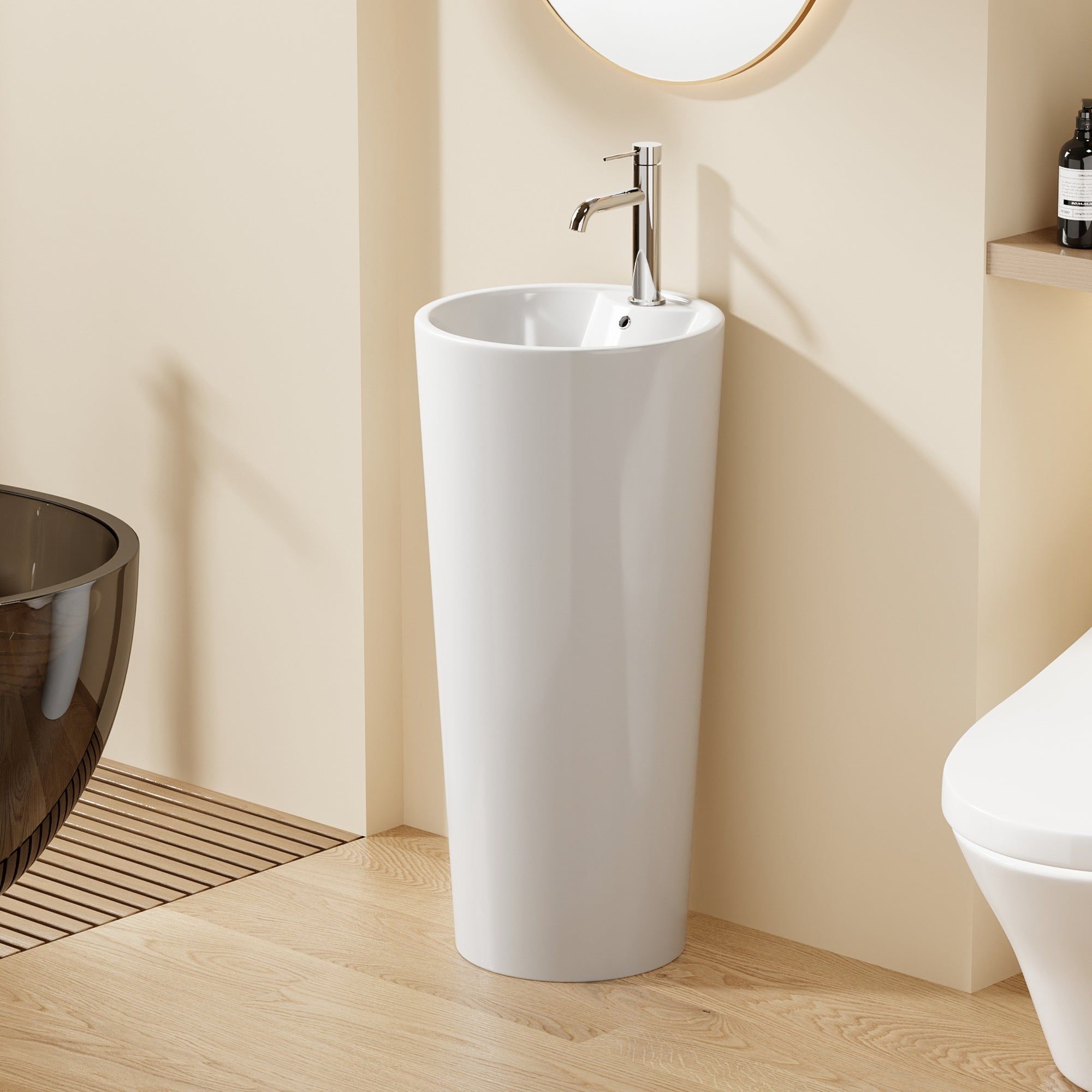 Lavabo Totem Design Rond et Épuré Blanc : Élégant lavabo sur pied en céramique blanche au design rond moderne.