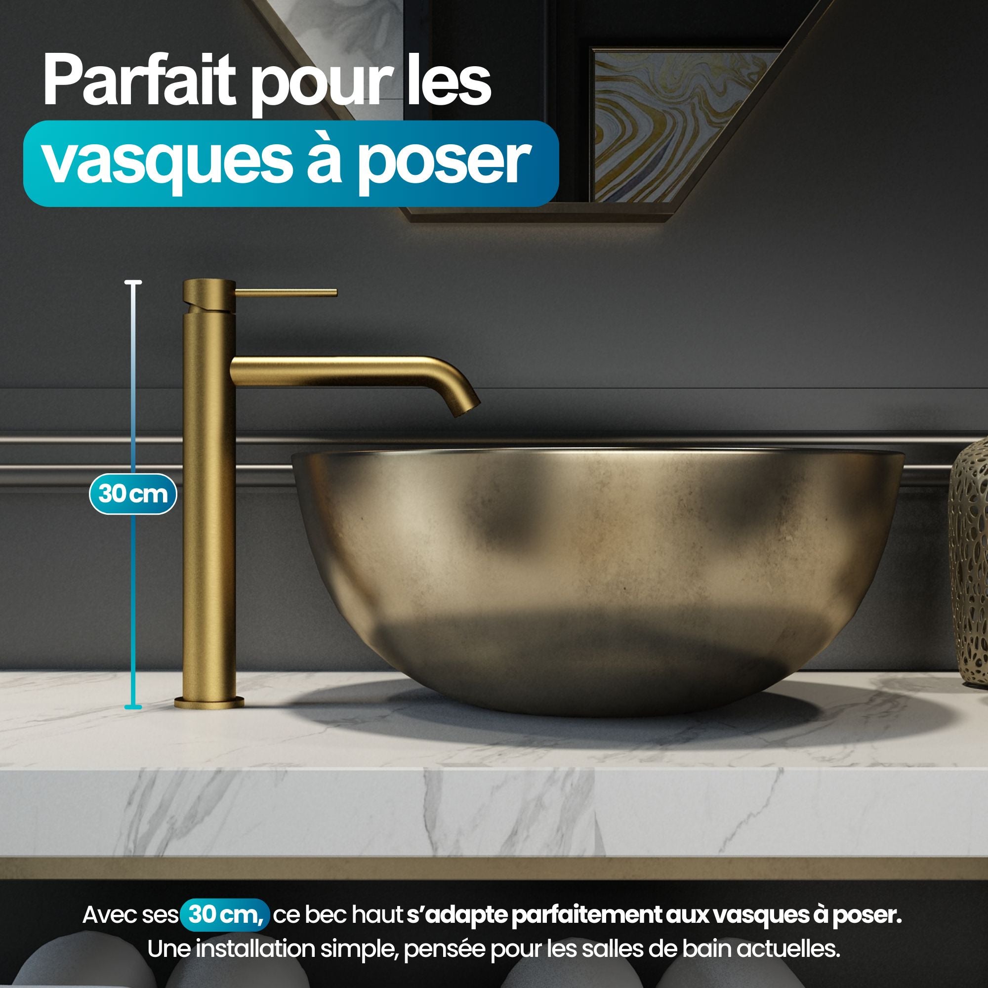 Robinet à bec haut couleur or pour salle de bain, 30cm, idéal pour vasques à poser