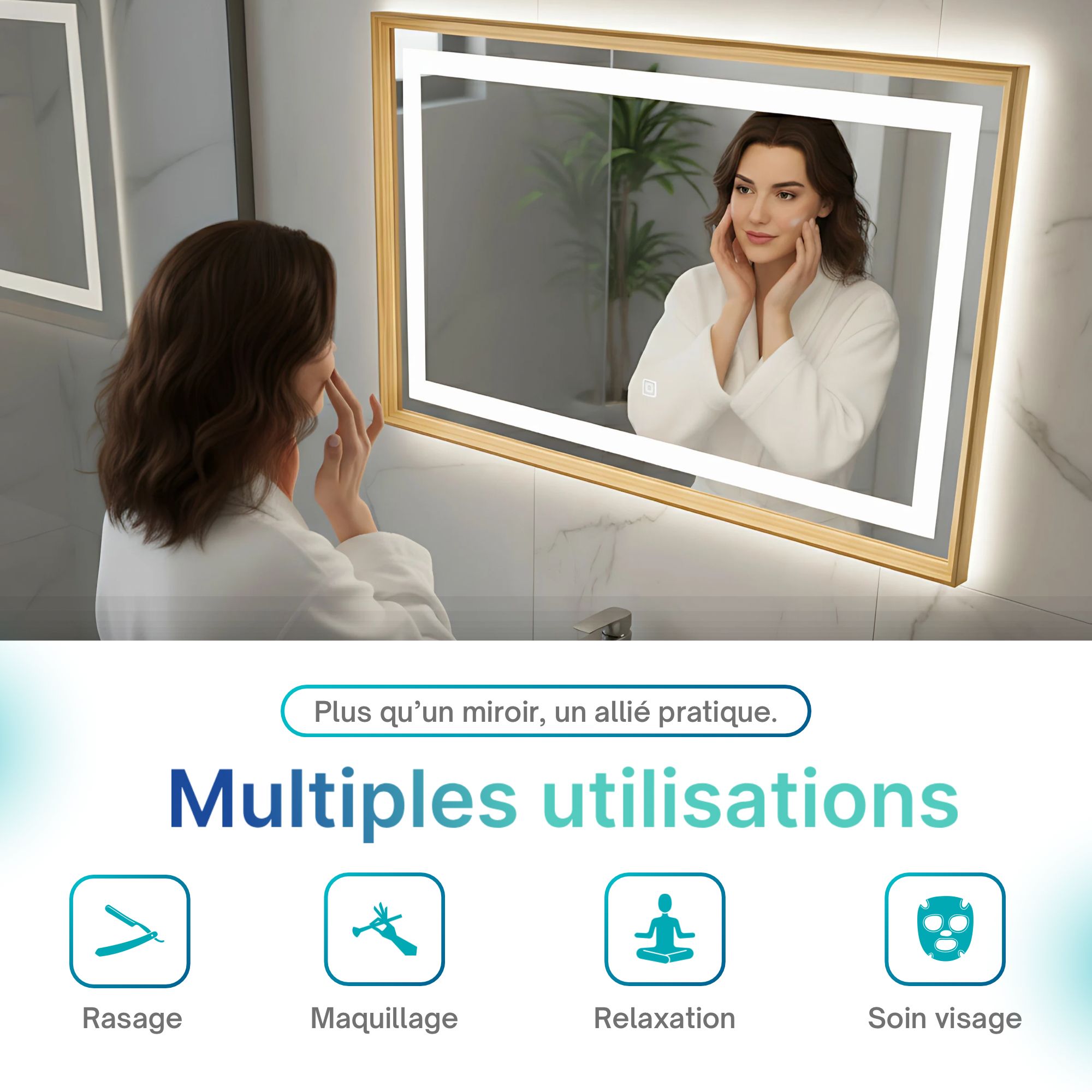 Miroir lumineux LED avec cadre bois