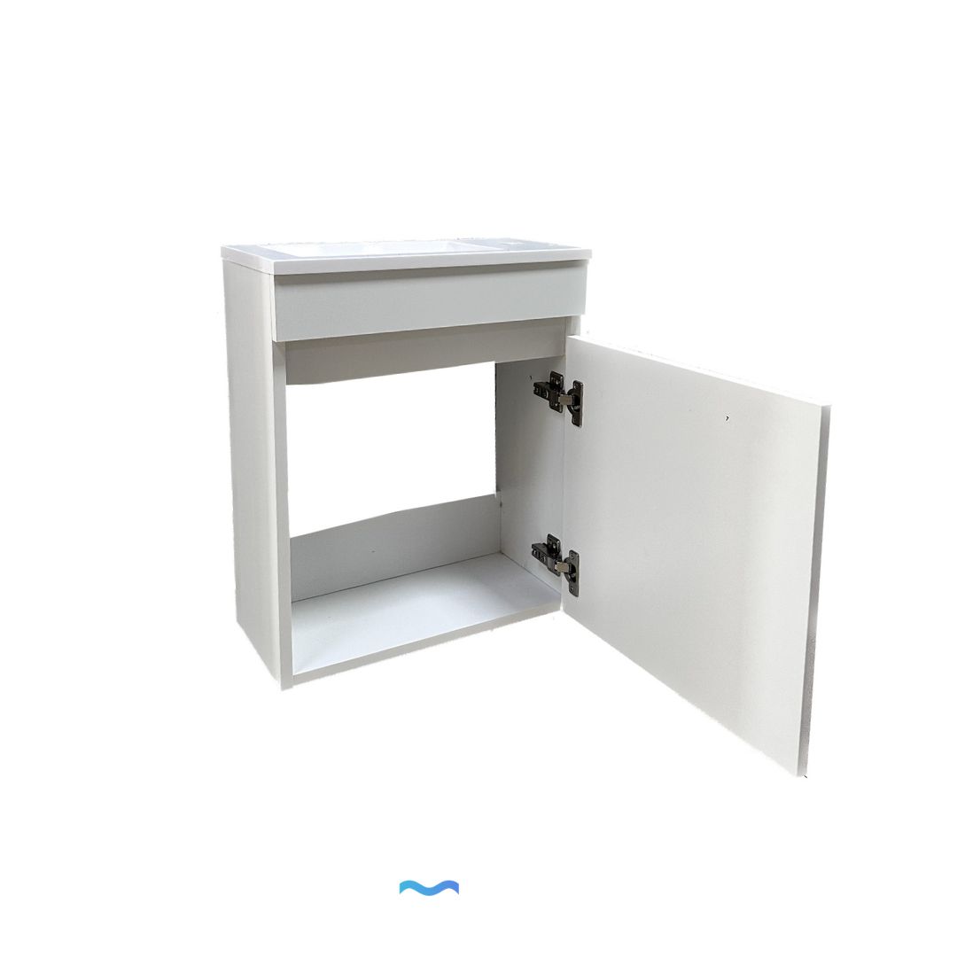 Meuble de salle de bain mural compact blanc avec vasque intégrée