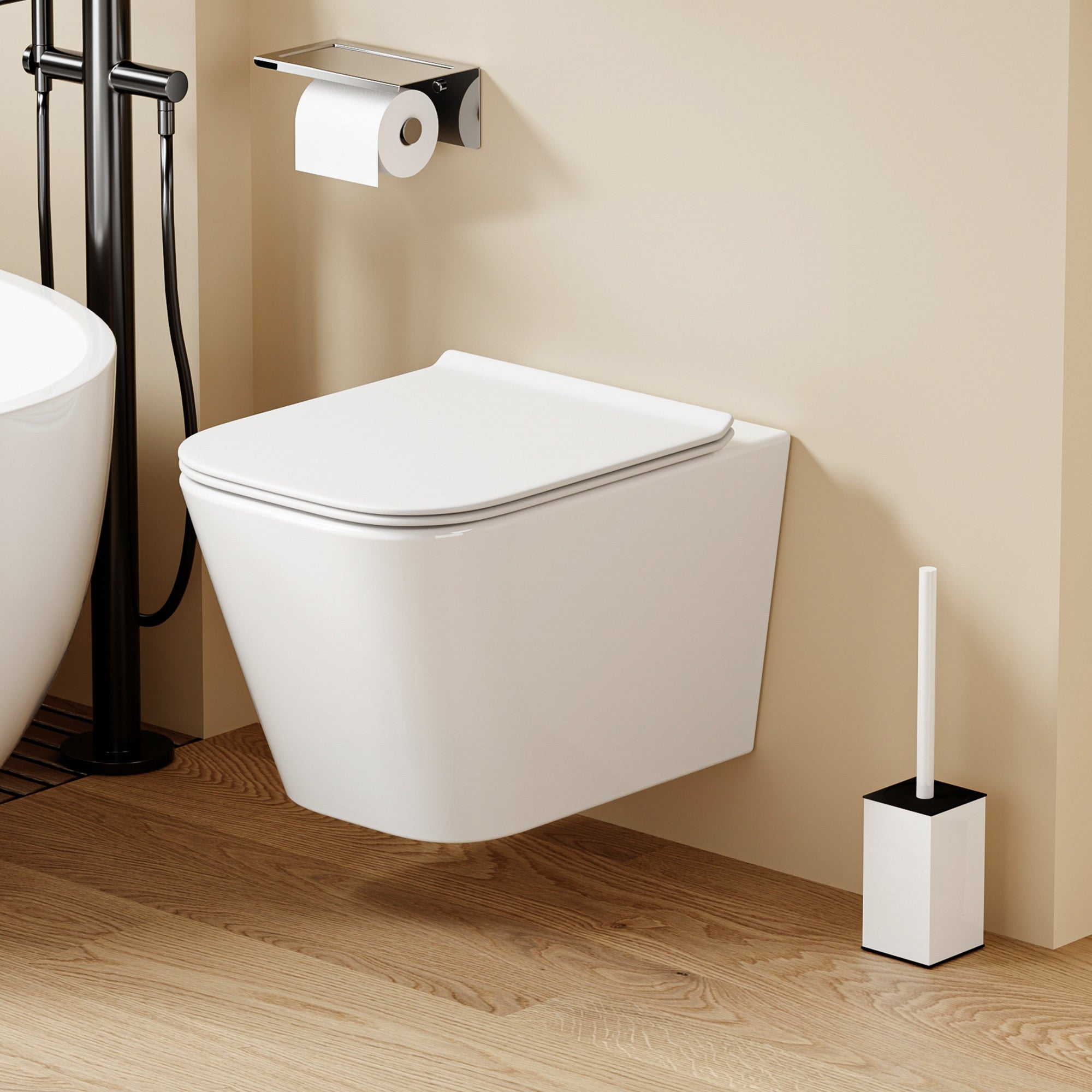 WC suspendu blanc LUNE aux formes carrées et arrondies, 51,5 cm, avec abattant Soft Close.