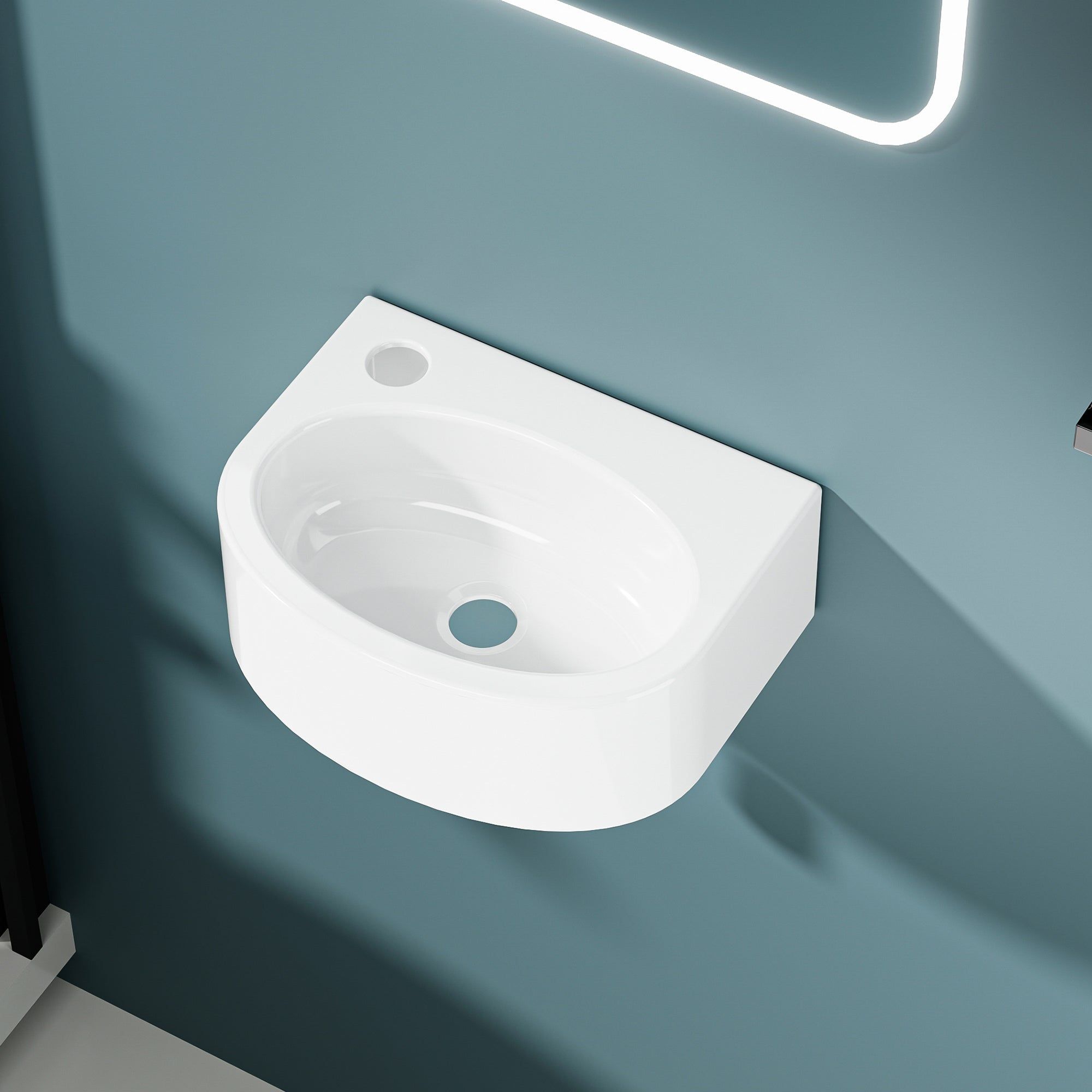 Vasque lave-mains murale LINO en céramique blanc, petite taille, sortie à gauche.