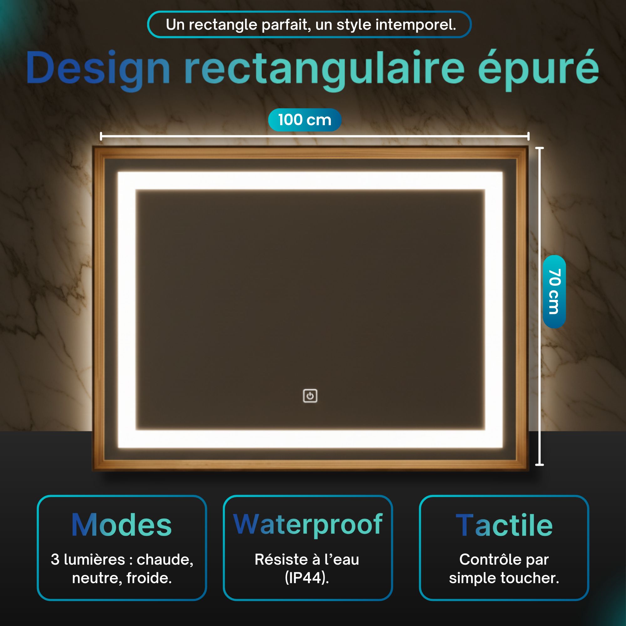 Miroir lumineux LED avec cadre bois