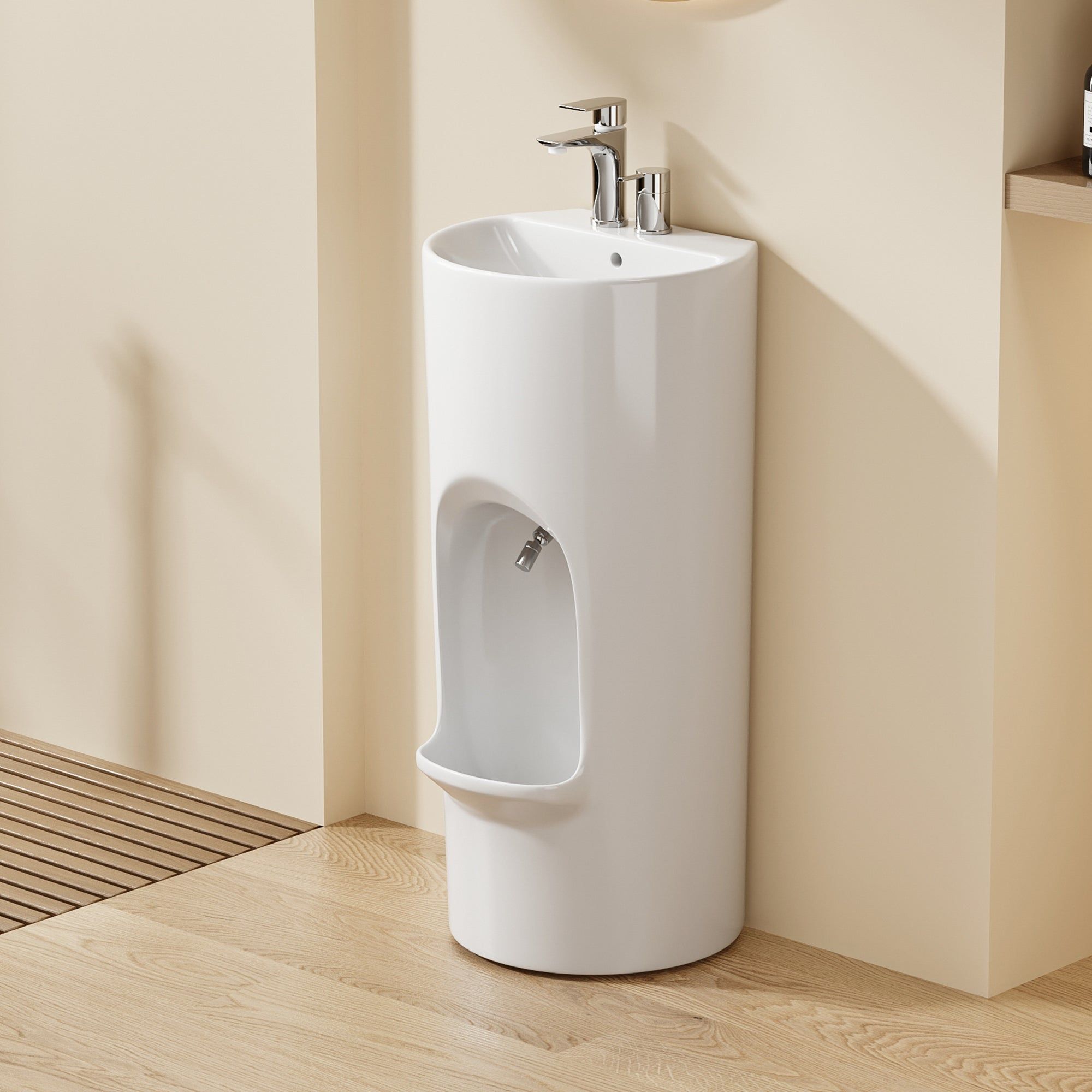 Riyad Lavabo : Lavabo rond en céramique moderne et autoportant avec urinoir intégré – design de salle de bain compact.