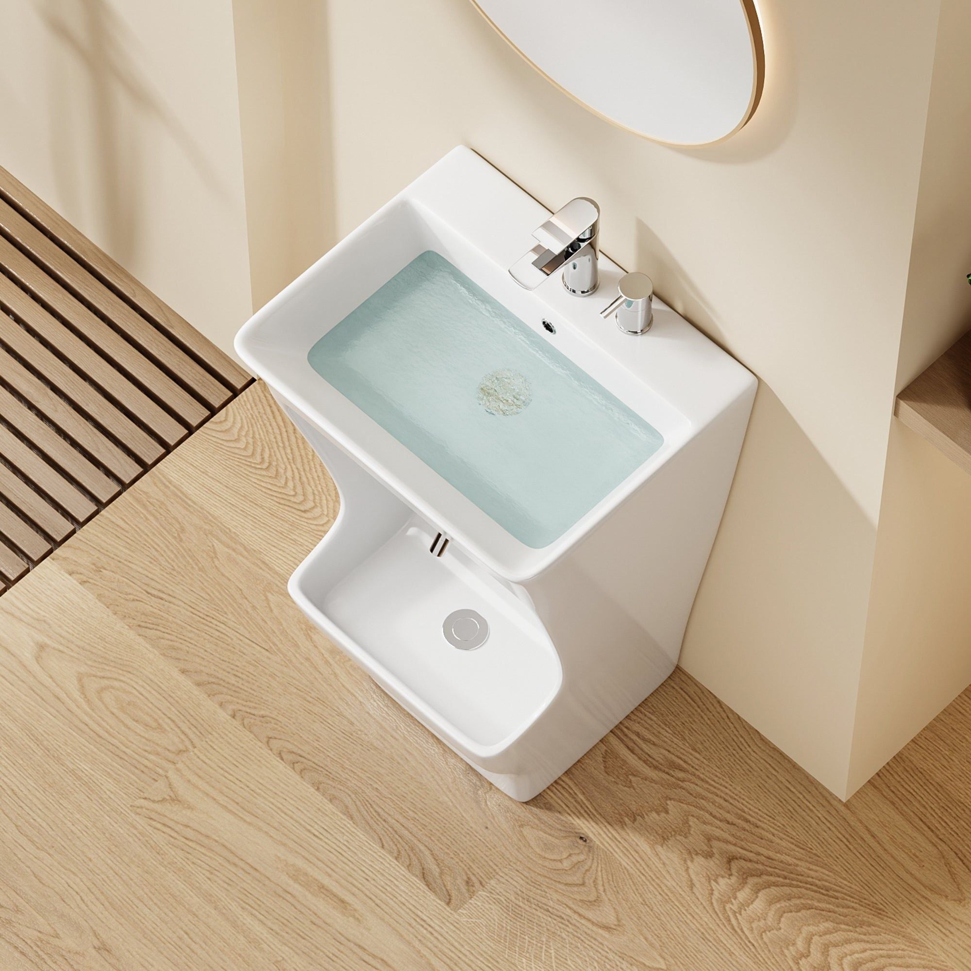 Lavabo d'ablutions Tunis - Design rectangulaire en céramique blanche avec robinetterie moderne.