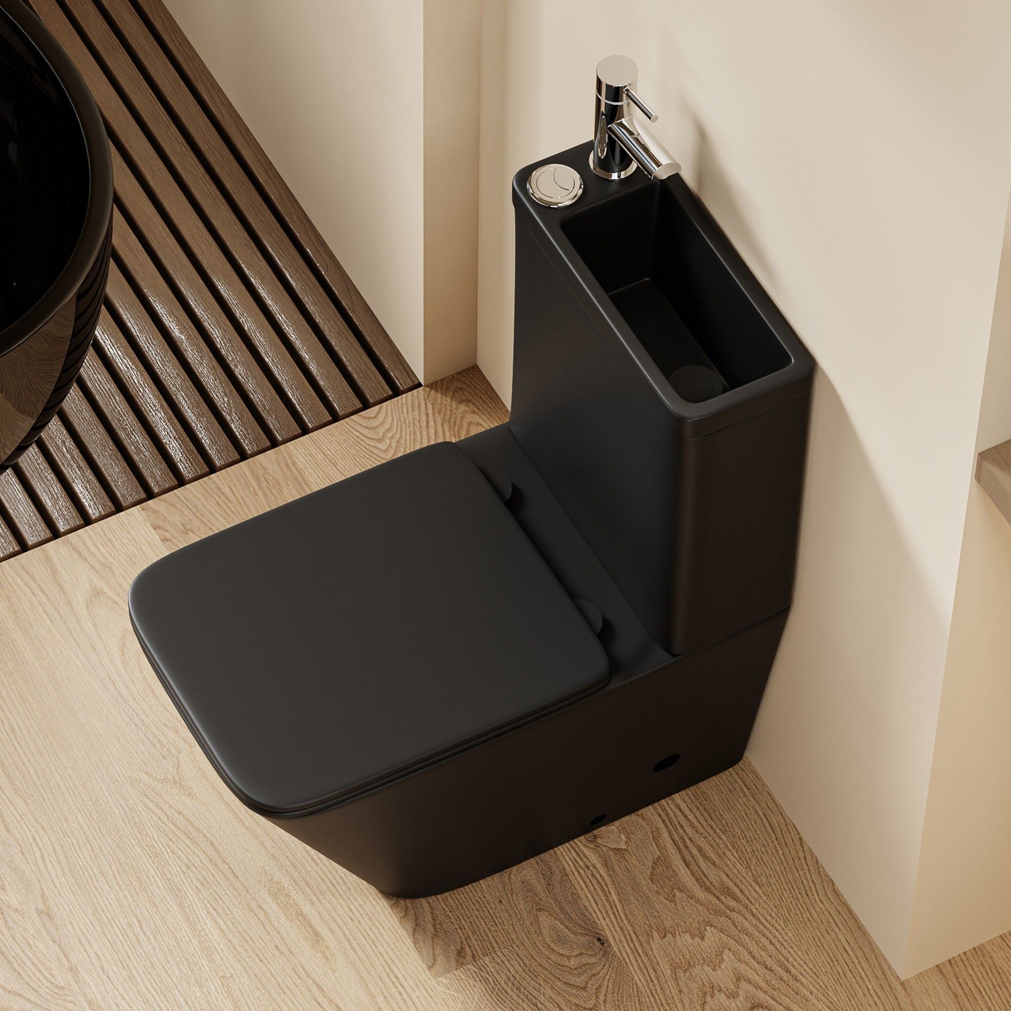 WC 2 en 1 noir - Design carré : WC noir au design carré avec lavabo intégré et robinetterie chromée.
