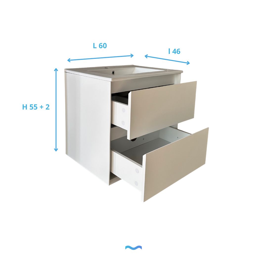 Meuble de salle de bain suspendu blanc de 60 cm avec lavabo intégré et deux tiroirs
