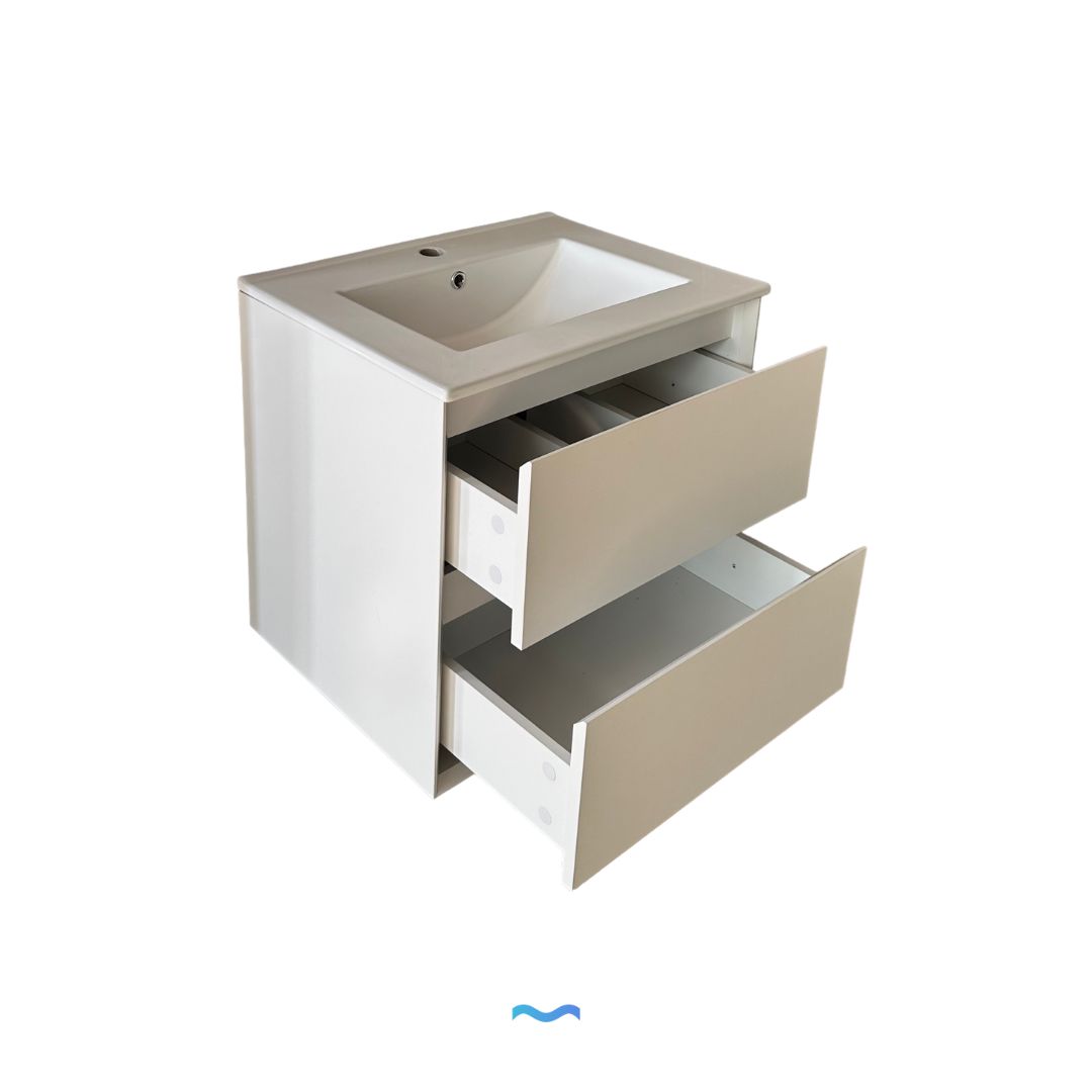 Meuble-lavabo mural blanc de 60 cm avec lavabo intégré et deux tiroirs