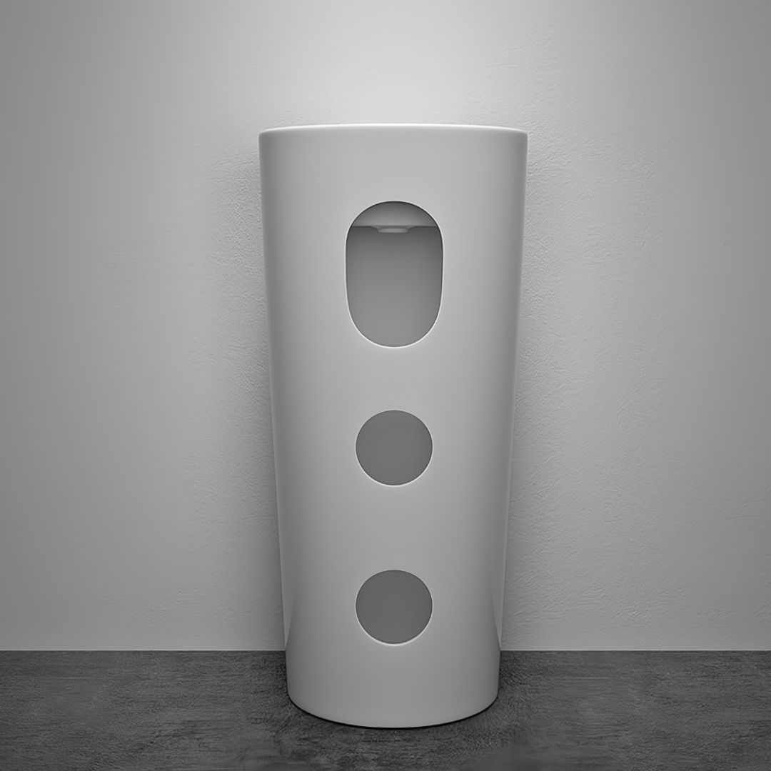 Lavabo Totem Design Arrondi et Épuré Blanc: Modern white pedestal sink with three circular cutouts.