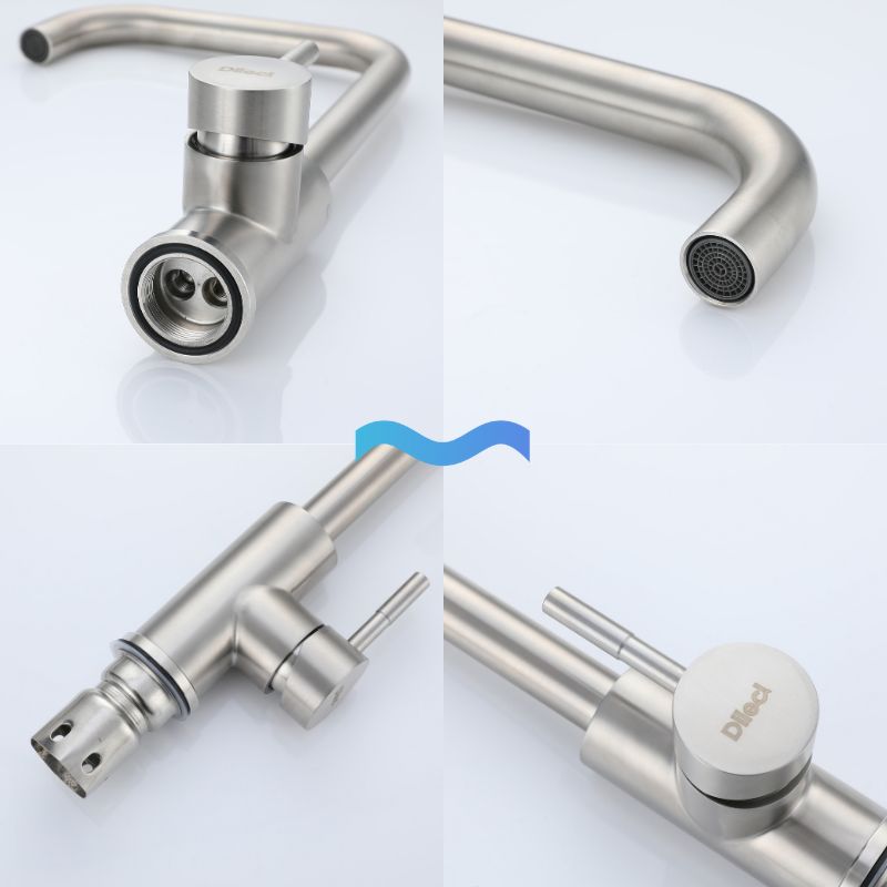 Robinet de cuisine en nickel brossé : design contemporain, bec à arc élevé, style intemporel.