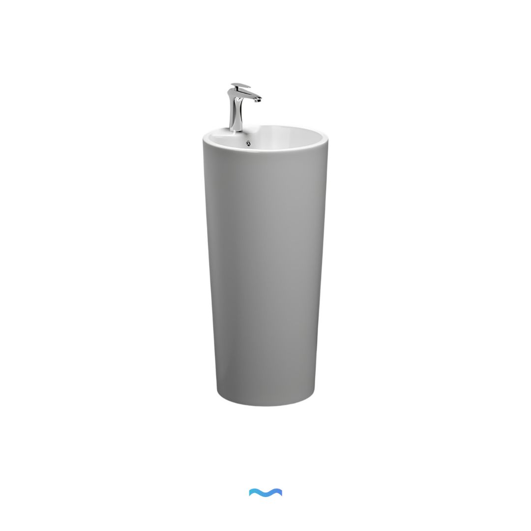 Lavabo Totem Design Arrondi et Épuré Blanc: Modern, sleek, cylindrical pedestal sink with a chrome faucet.